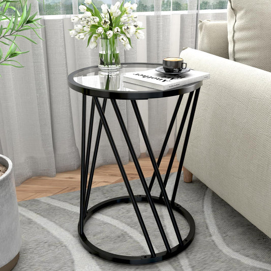 Round Side Table, Modern End Tables for Living Room Office Small Spaces, Glass Black End Table with Metal Frames, Nightstand for Bedroom, Bedside Furniture, Easy Assembly