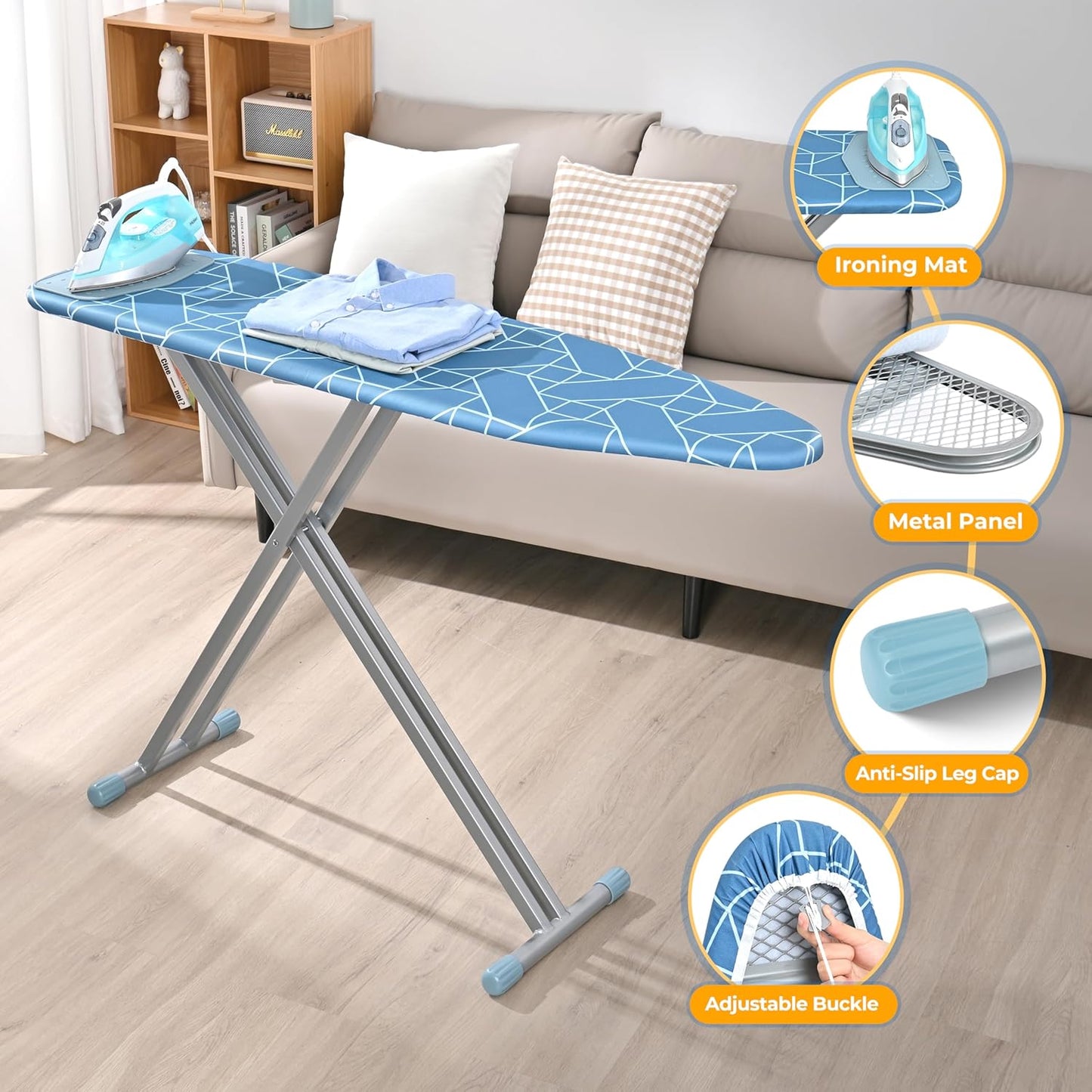 APEXCHASER Ironing Board with Silicon Iron Rest, Heavy-Duty Legs and Heat Resistant Cover, 13x53 inch, Blue