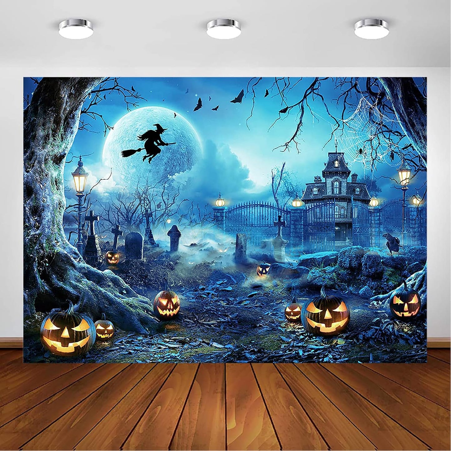 Avezano Halloween Photography Backdrop Full Moon Scary Night Castle Pumpkins Party Background Spooky Witch Bats Cemetery Child Kids Halloween Party Decorations Photoshoot Backdrops (7x5ft, Blue)
