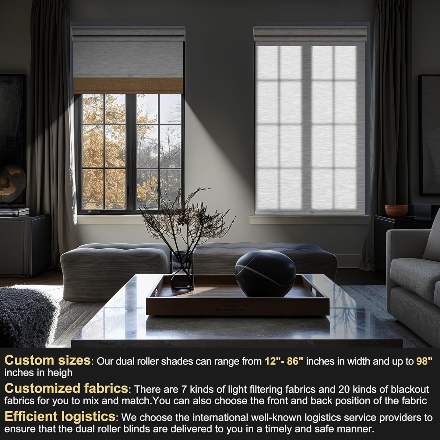 BERISSA Cordless Dual Roller Shades With Cassette Valance, Blackout and Light Filtering, Day and Night for Home Office Door - Linen Beige and White, 47 W x 48" H