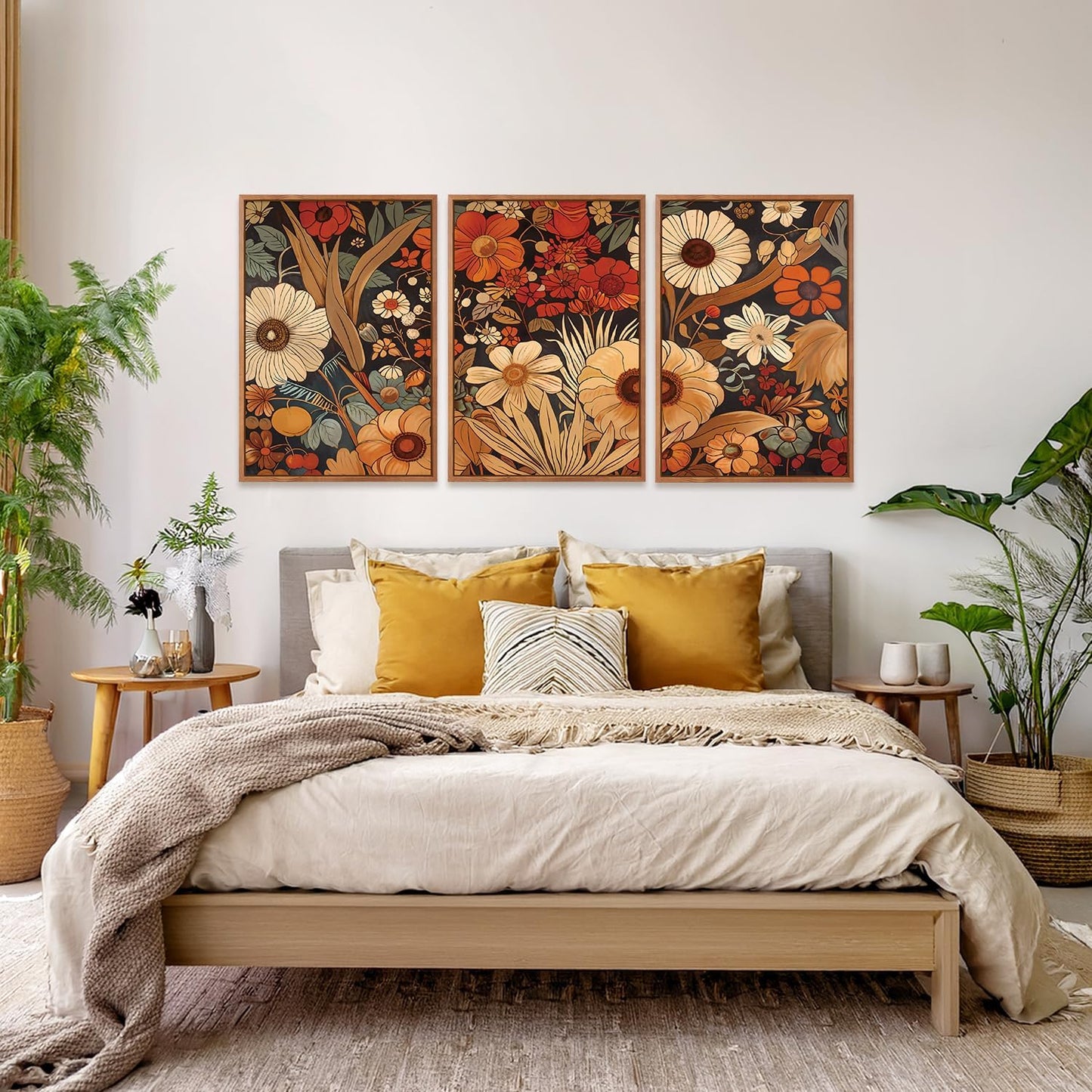 Aurlan Boho Burnt Orange Terracotta Wildflowers Framed Wall Art(24"x36"), 3 PCS Abstract Floral 3D Textured Canvas Artwork, Large Modern Vintage Botanical Nature Art Wall Decor for Home Office Living Room Bedroom