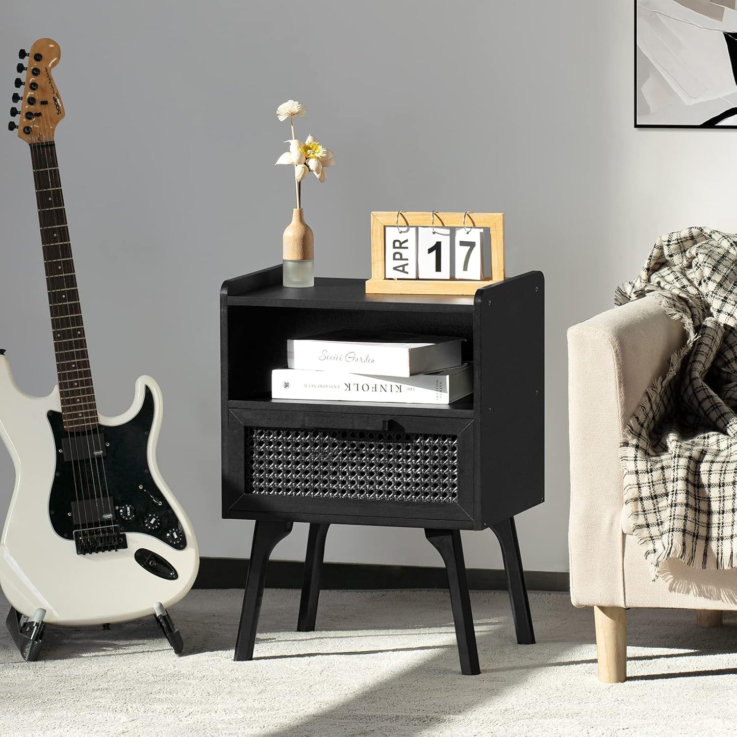 Lerliuo Rattan Nightstands Set of 2, Boho Side Table with Drawer Open Shelf, Cane Accent Bedside End Table with Solid Wood Legs for Bedroom, Dorm and Small Spaces (Black)