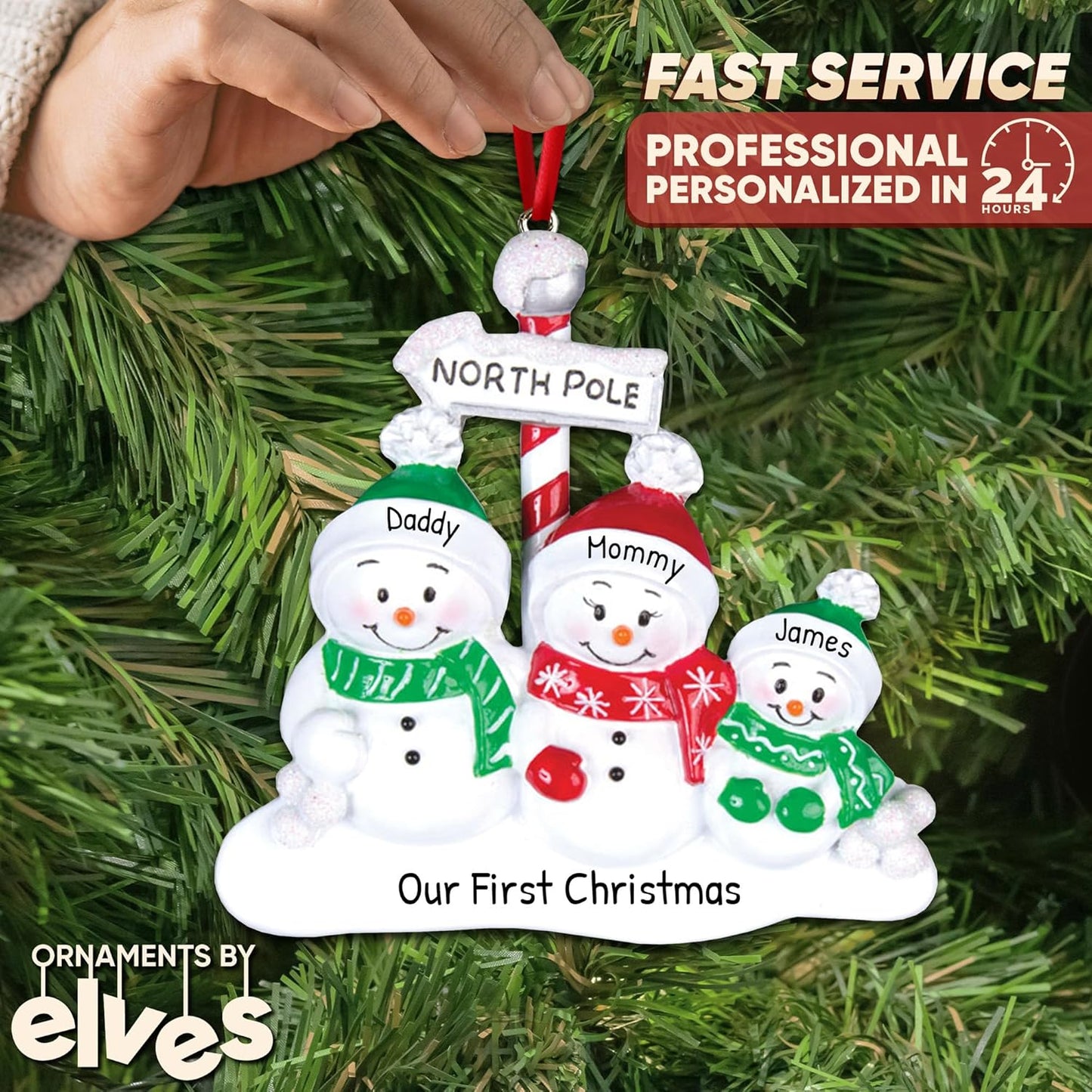 3D Snowman Family of 3 Christmas Ornament 2025 Personalized Family Christmas Ornaments 2025 | Santa Hat Personalized Tree Ornaments Customizable Gifts North Pole Winter Scarf Snowmen of Three Ornament