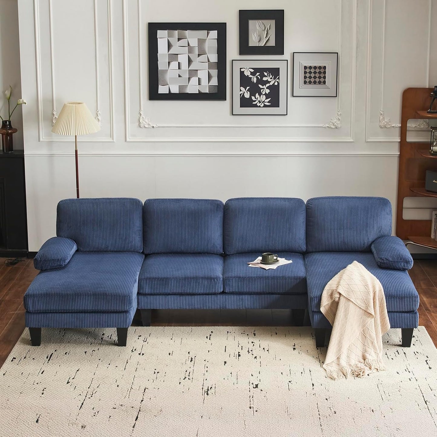 Karl home U-Shape Sectional Sofa Couch 111" Modern 4-Seat Sofa with Chaises Corduroy Fabric Upholstered Covertible Couch with Wood Grain Legs for Living Room, Reception Room, Apartment, Navy Blue