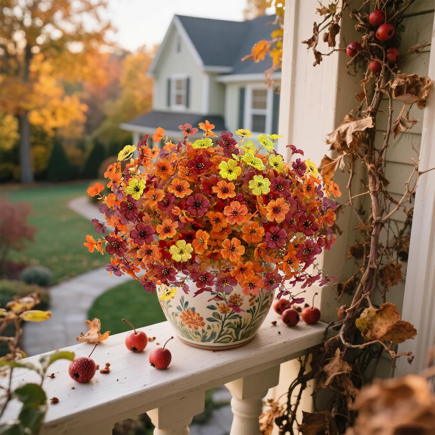 12 Bundles Artificial Fall Flowers Faux Mums for Outdoor Indoor, Artificial Plants Daisy Faux Plants Fake Mums for Fall Decor Pots Patio Garden Porch Autumn (Orange，Brown，Yellow) (12)