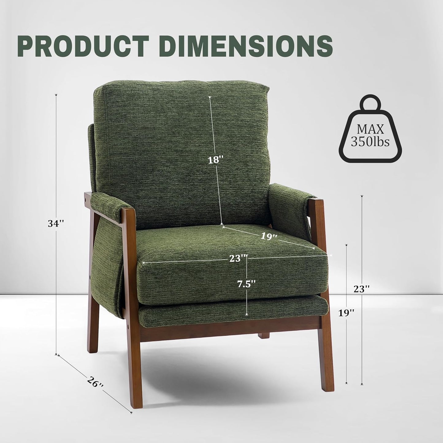 Modern Accent Chair for Living Room Mid Century Arm Chair Upholstered Bedroom Chair Comfy Lounge Chair with Solid Wood Frame, Green