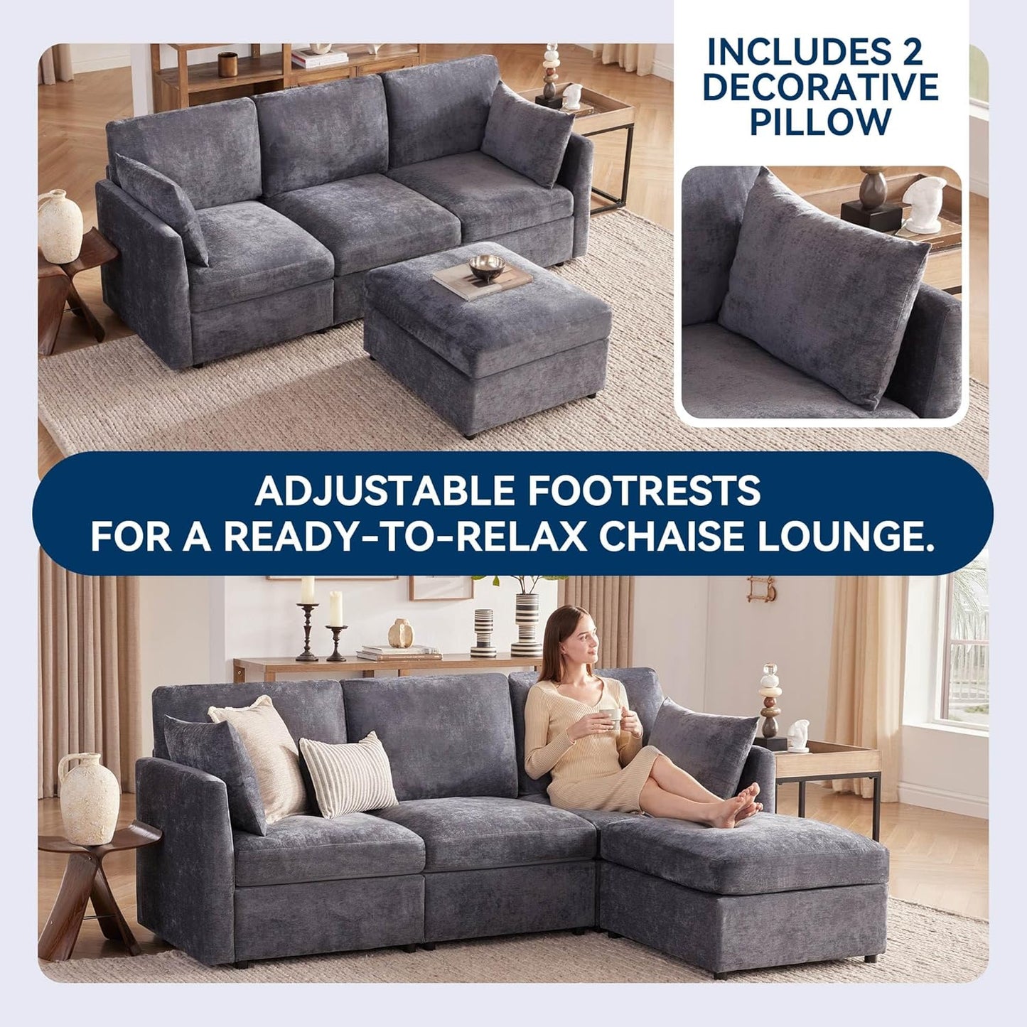 Tbfit Convertible L Shaped Couch, Sectional Sofa for Living Room,Chenille Cloud Couch with Ottoman 4 Seat (Grey)