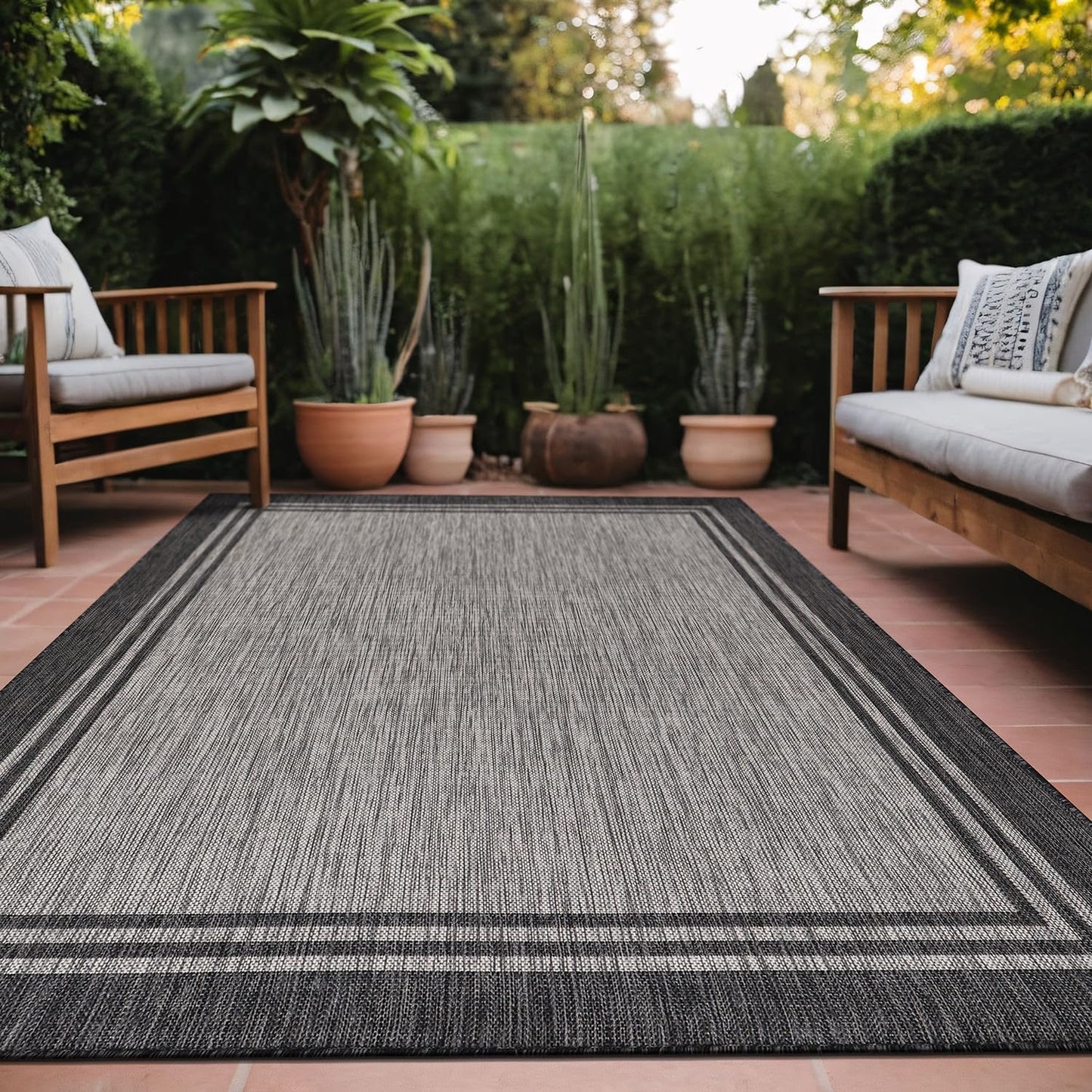 Bordered Outdoor Rug 10x14 Washable Outside Carpet for Indoor Patio Porch Waterproof Easy Cleaning Non Shedding Area Rugs Dark Gray 10 x 14