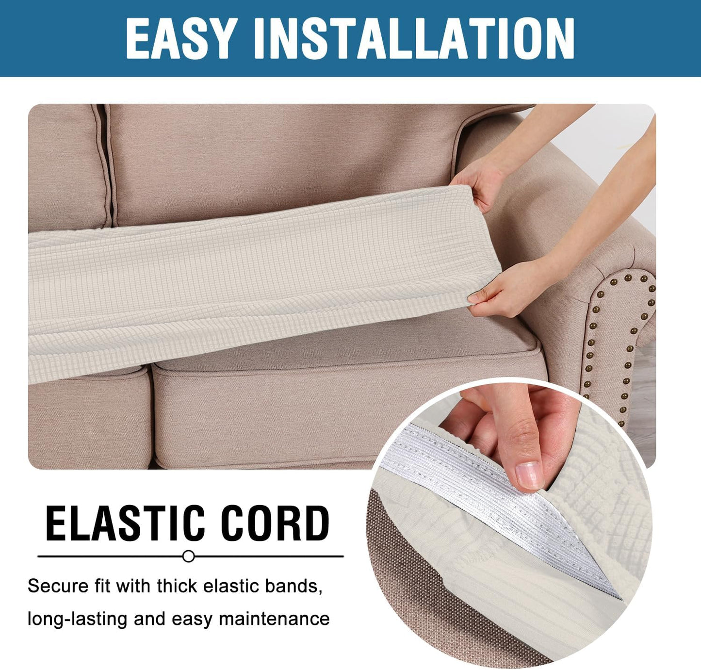 H.VERSAILTEX Super Stretch Individual Seat Cushion Covers Sofa Covers Couch Cushion Covers Slipcover Sets Thick Jacquard Textured Twill Fabric (1 Piece Sofa Cushion Cover, Porcelain)