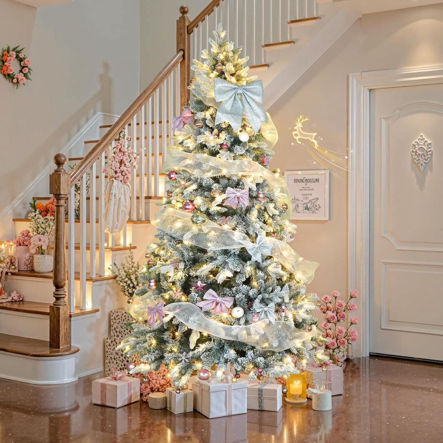 7.5ft 360° Rotating Pre-Lit Snow Flocked Christmas Tree, Built-in Music, Remote Control, 8 Light-Modes, White Christmas Tree for Home Decor