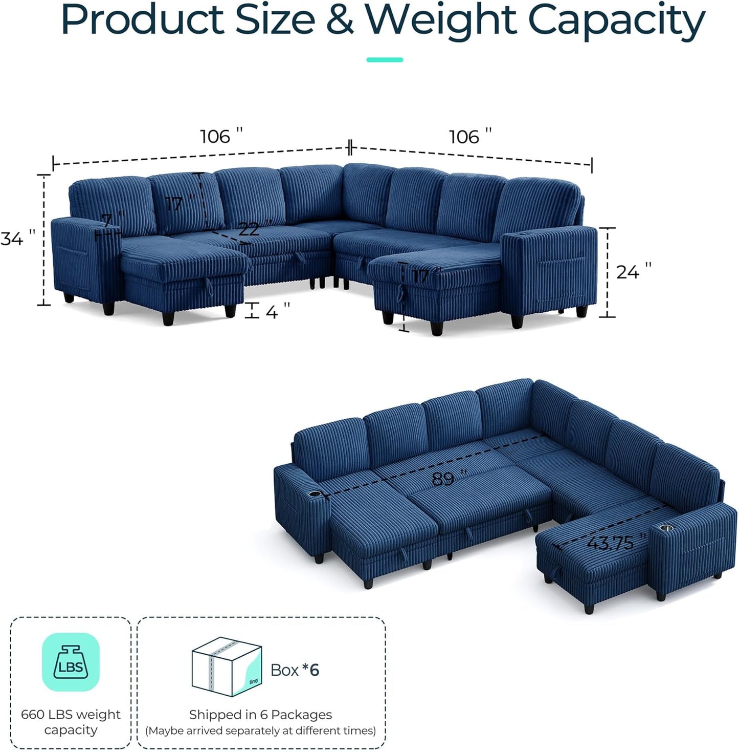 LINSY HOME Sectional Sleeper Sofa with Pull Out Couch Bed - Convertible Plush Corduroy Cloud Couch with Storage Chaise & USB Charging, Comfy Modular Couches for Living Room, Blue