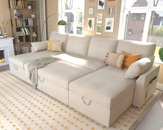 VanAcc Sleeper Sofa, 110 inch Oversize - 2 in 1 Pull Out Bed, Sectional Sleeper Sofa with Double Storage Chaise for Living Room, Beige Chenille Couch