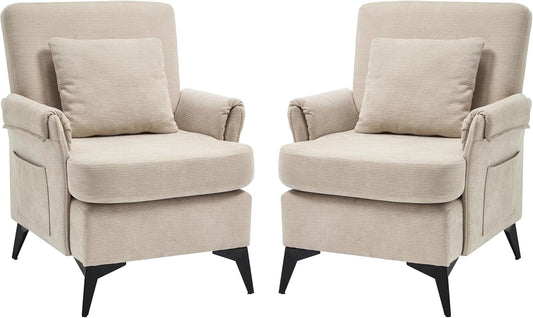 KCC Mid-Century Accent Chairs Set of 2,Chenille Modern Upholstered Single Sofa,Cozy Armchair with Back for Bedroom/Office/Cafe,Begie