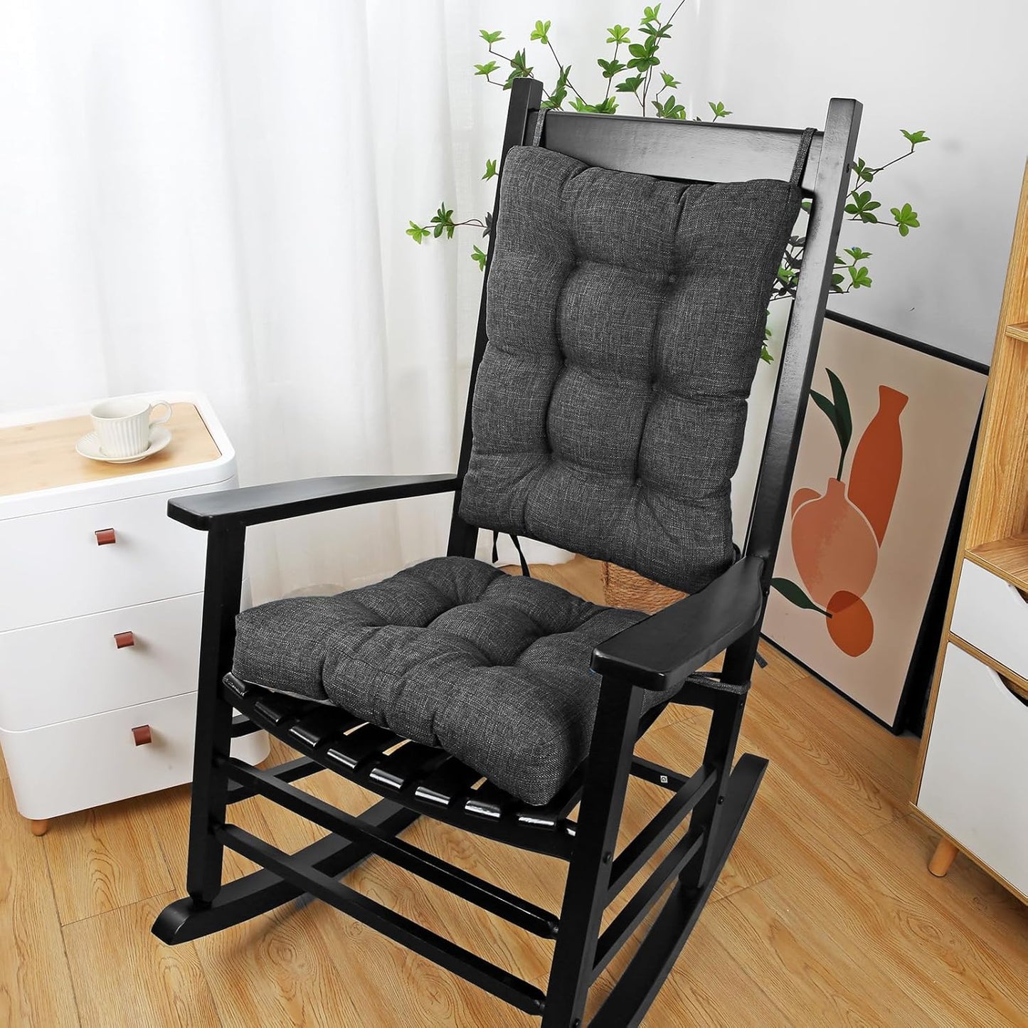 BUYUE Chair Cushion Set for Rocking Chair, Back Pillow & Seat Cushion with Ties, Original Woven Fabric Non-Slip Chair Pads for Elderly Sitting, Dark Gray