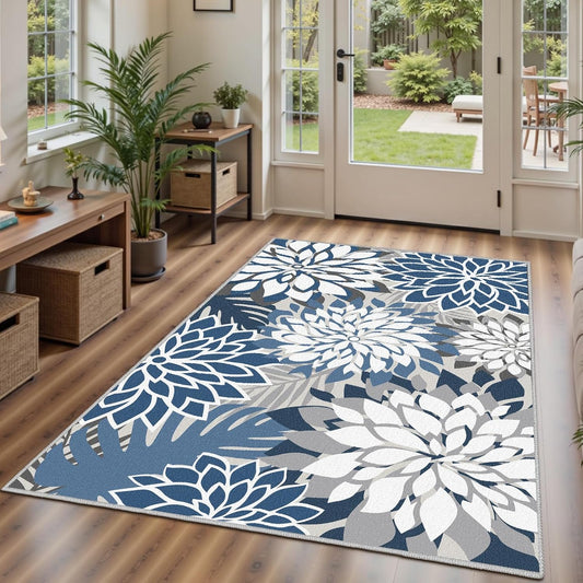 Area Rug 3x5 Blue White Washable Entry Rug Multicolored Tropical Botanical Modern Floral Indoor Kitchen Door Mat Entrance Carpet Non Slip for Bedroom Living Room, Porch