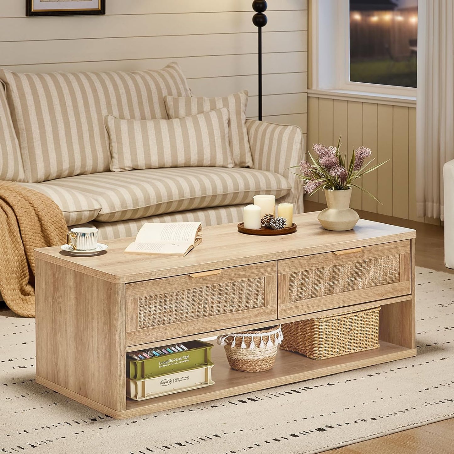 LEYAOYAO Boho Rattan Coffee Table and End Table Sets, 48" Wide Center Tables & 23" Night Stand with Charging Station Chest of Drawers, Natural Wood Coffee Table for Living Room 3 Piece Set