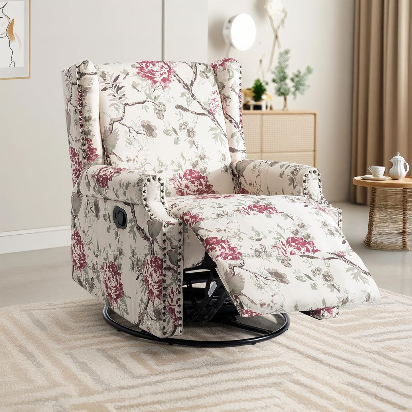 UIXE Swivel Rocker Manual Recliner Chairs Set of 2, Wingback Swivel Glider Fabric Nursery Reclining Sofa Chair, High Back Upholstered Arm Chair for Living Room Bedroom - Beige Floral
