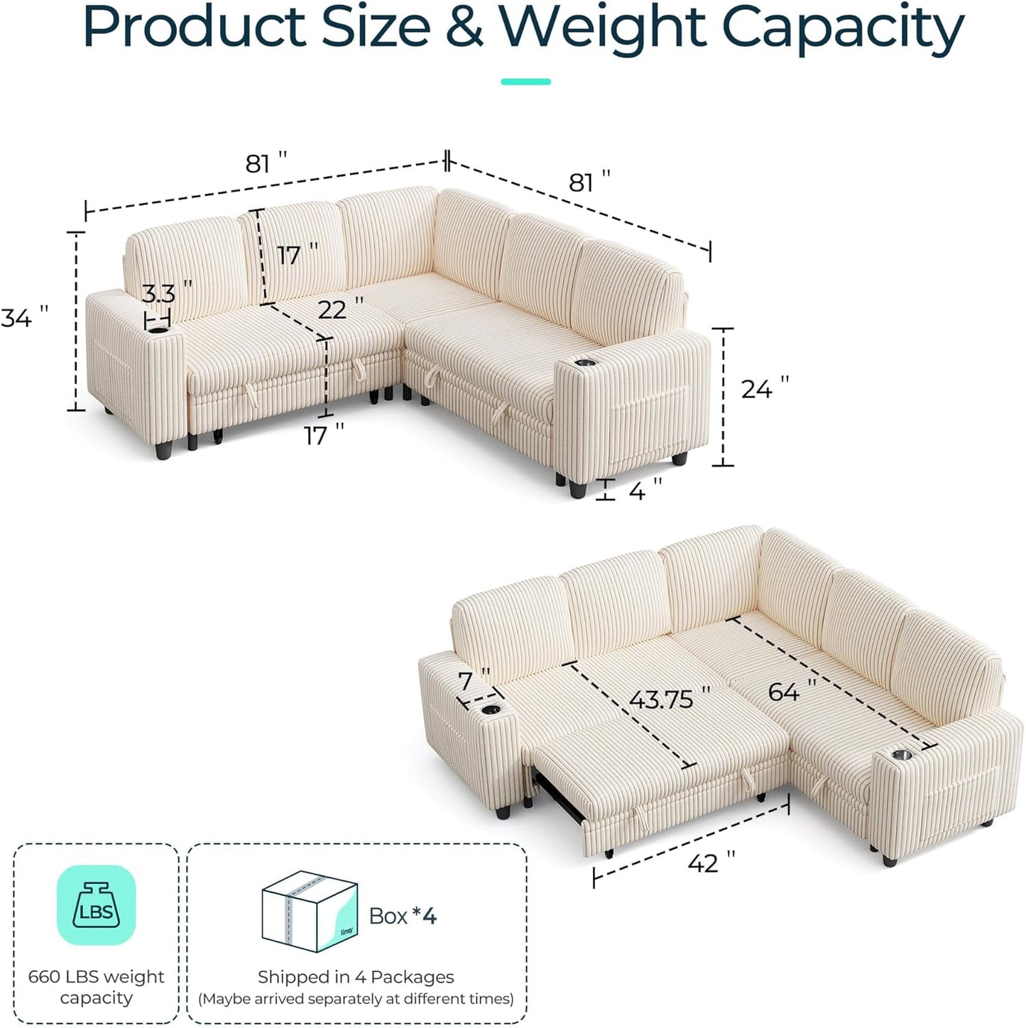 LINSY HOME Sectional Sleeper Sofa with Pull Out Couch Bed - Convertible Plush Corduroy Cloud Couch with Storage Chaise & USB Charging, Comfy L Shaped Modular Couches for Living Room Apartment, Beige