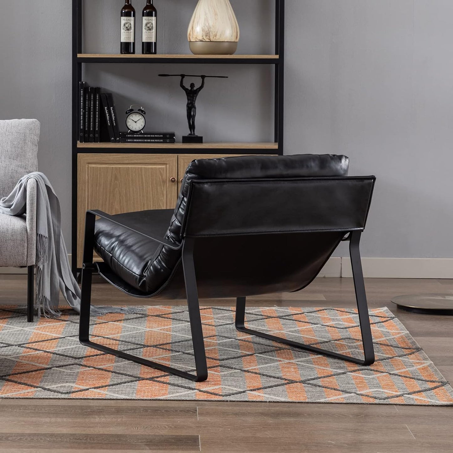 DUOMAY Mid-Century Accent Chair Armchair Set of 2, Comfy PU Leather Leisure Chair Lazy Chair with Metal Leg for Living Room Bedroom Office Apartment, Black