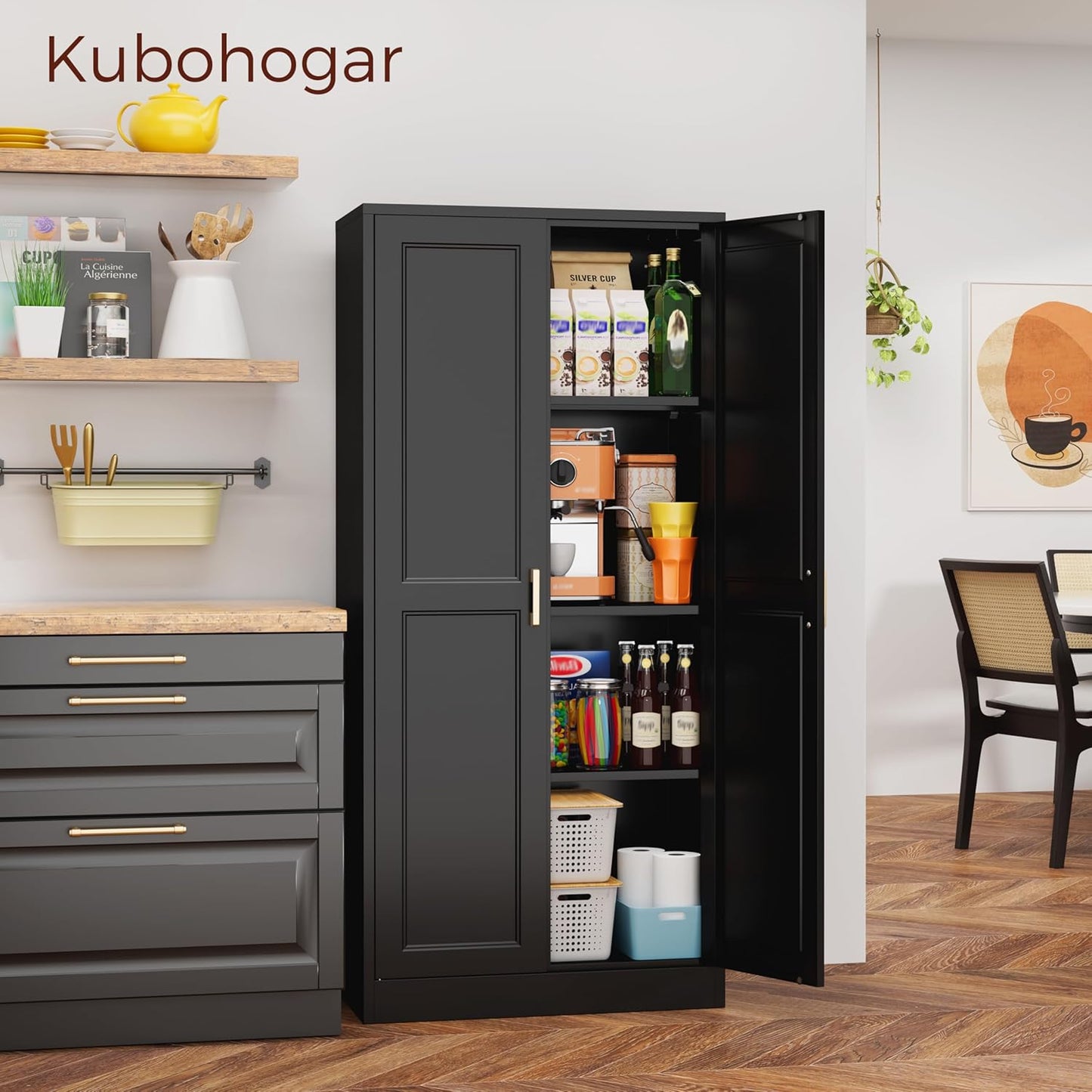 60" Tall Metal Pantry Cabinet, Black Kitchen Pantry Storage Cabinet with Doors and 3 Adjustable Shelves, Cupboard for Kitchen, Dining Room, Living Room, Bathroom
