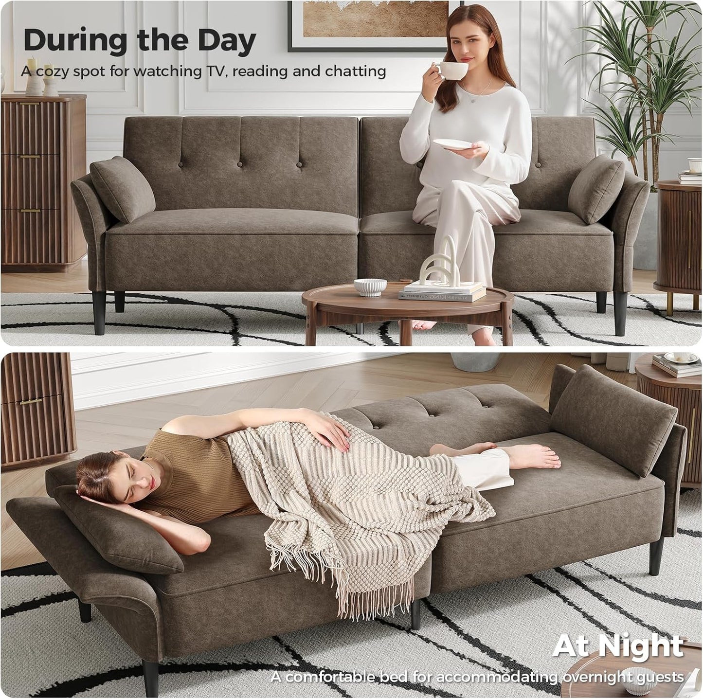 89” Futon Sofa Bed, Comfy Futon Couch Bed with 2 Square Pillows, Convertible Sleeper Sofa with Adjustable Backrest& Armrests, Modern Loveseat Sleeper for Living Room, Bedroom, Light Brown