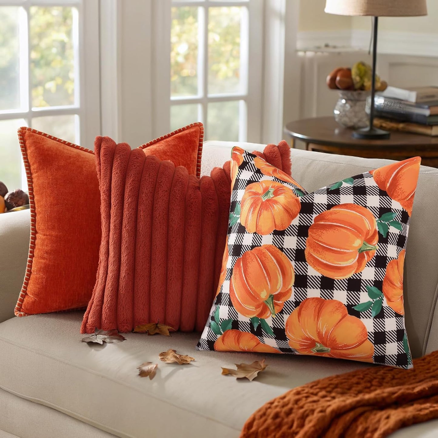 decorUhome Fall Orange Pumpkin Decorative Throw Pillow Covers 20x20 Set of 2, Buffalo Plaid Check Farmhouse Cushion Covers for Autumn Harvest Couch Sofa Bed Home Decor
