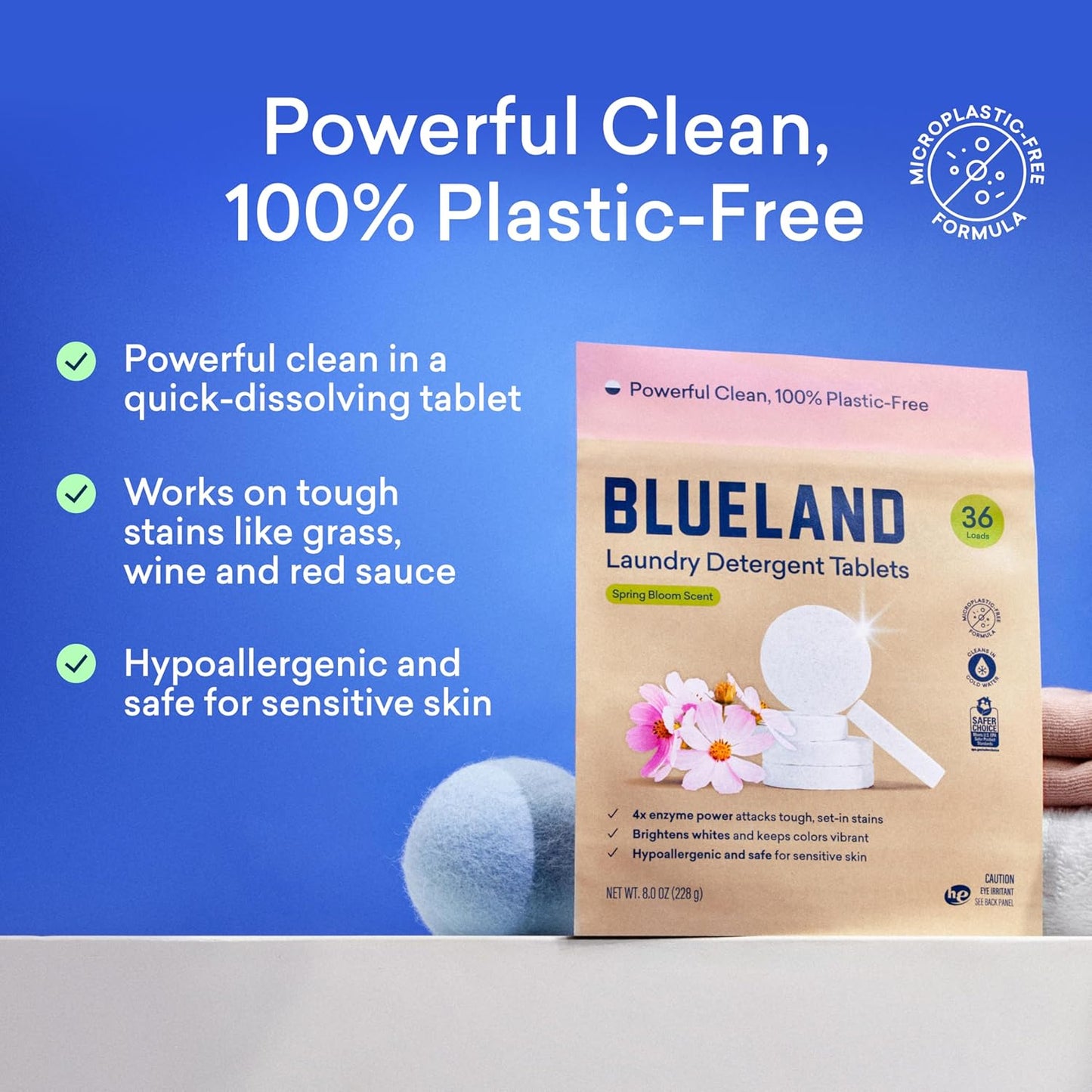 BLUELAND Laundry Detergent Tablets, Starter Set, Spring Bloom Scent, 60 Count with Tin, Plastic-Free Eco-Friendly Pods, Sheets, Liquid Alternative - Natural, Gentle