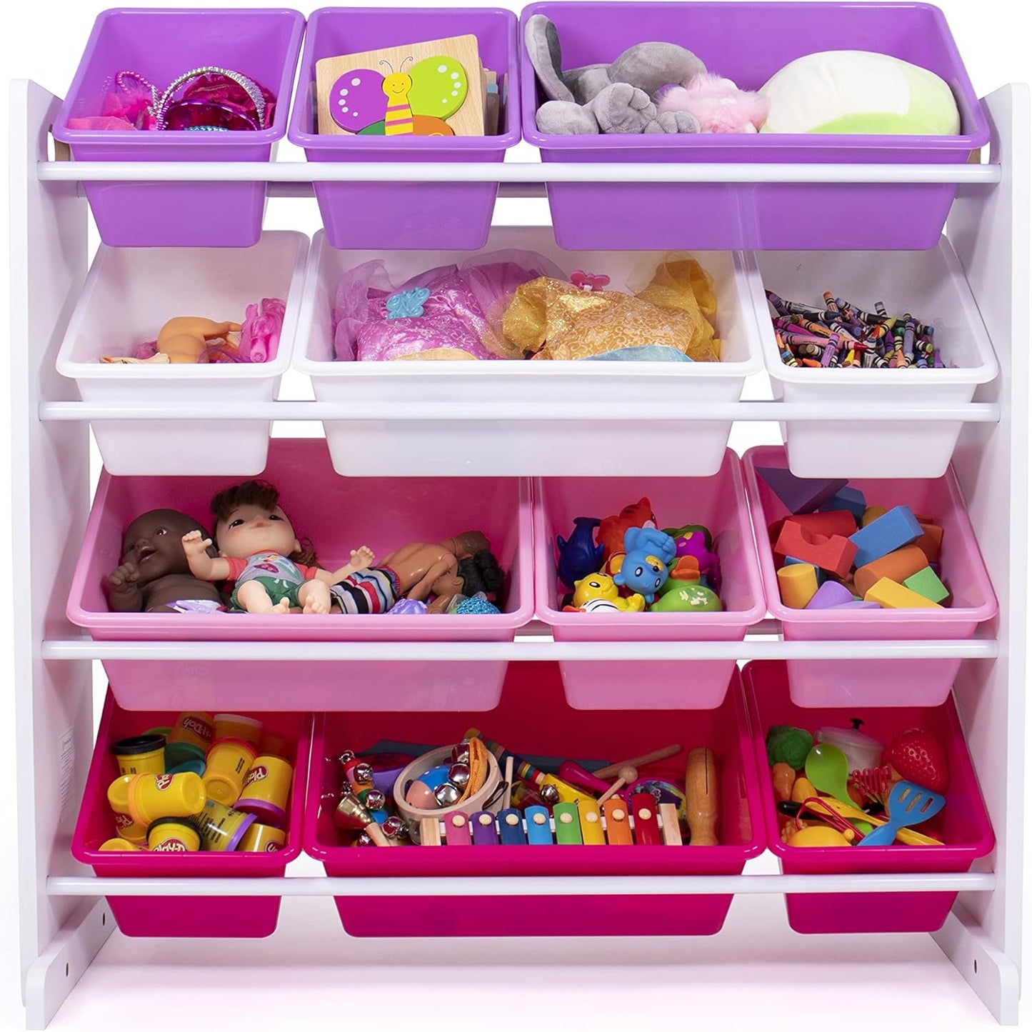 Humble Crew Kids Toy Storage Organizer with 12 Plastic Bins, White/Pink/Purple – Removable Bins for Playroom, Bedroom, Toddler Furniture for Boys and Girls Ages