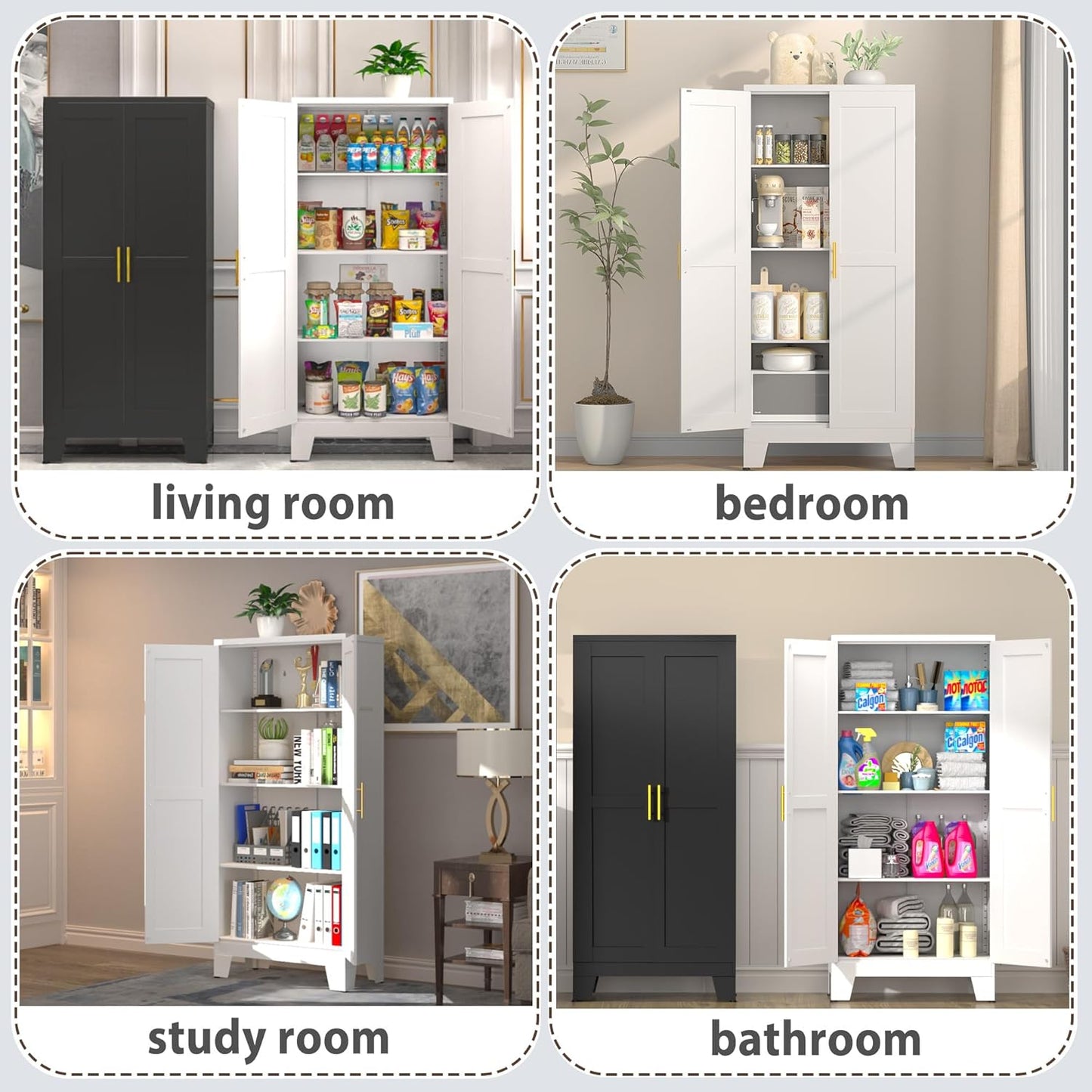 61.02" Pantry Cabinet, Kitchen Pantry Storage Cabinets with Adjustable Shelves and Feet, White Pantry Storage Cabinet for Kitchen, Dining Room, Living Room and Bathroom (White) Metal