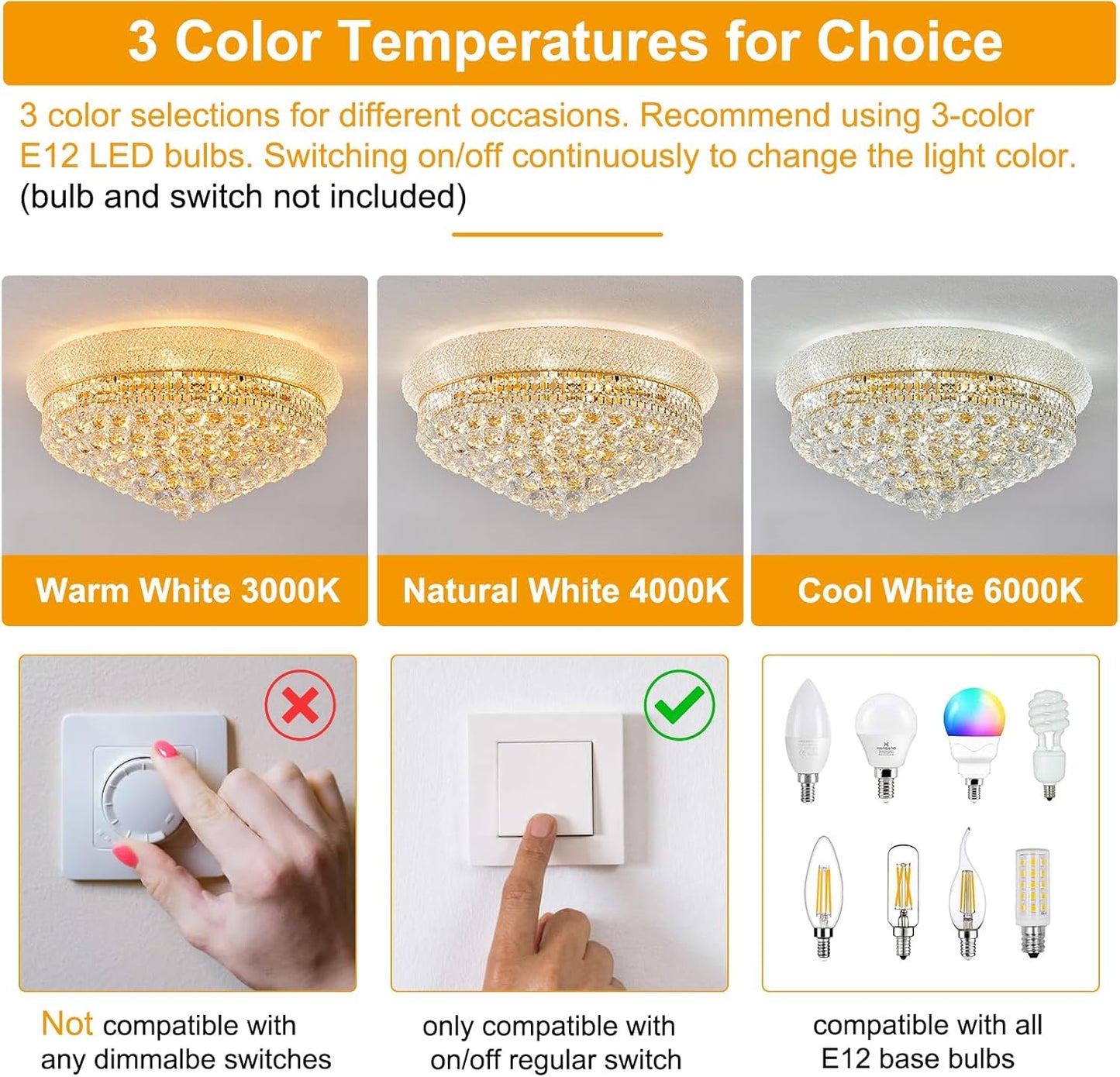 12-Light Crystal Flush Mount Chandelier Ceiling Light Fixture for Living Room Dining Room Bedroom Foyer Entryway Hallway Closet Bathroom (Gold D24)