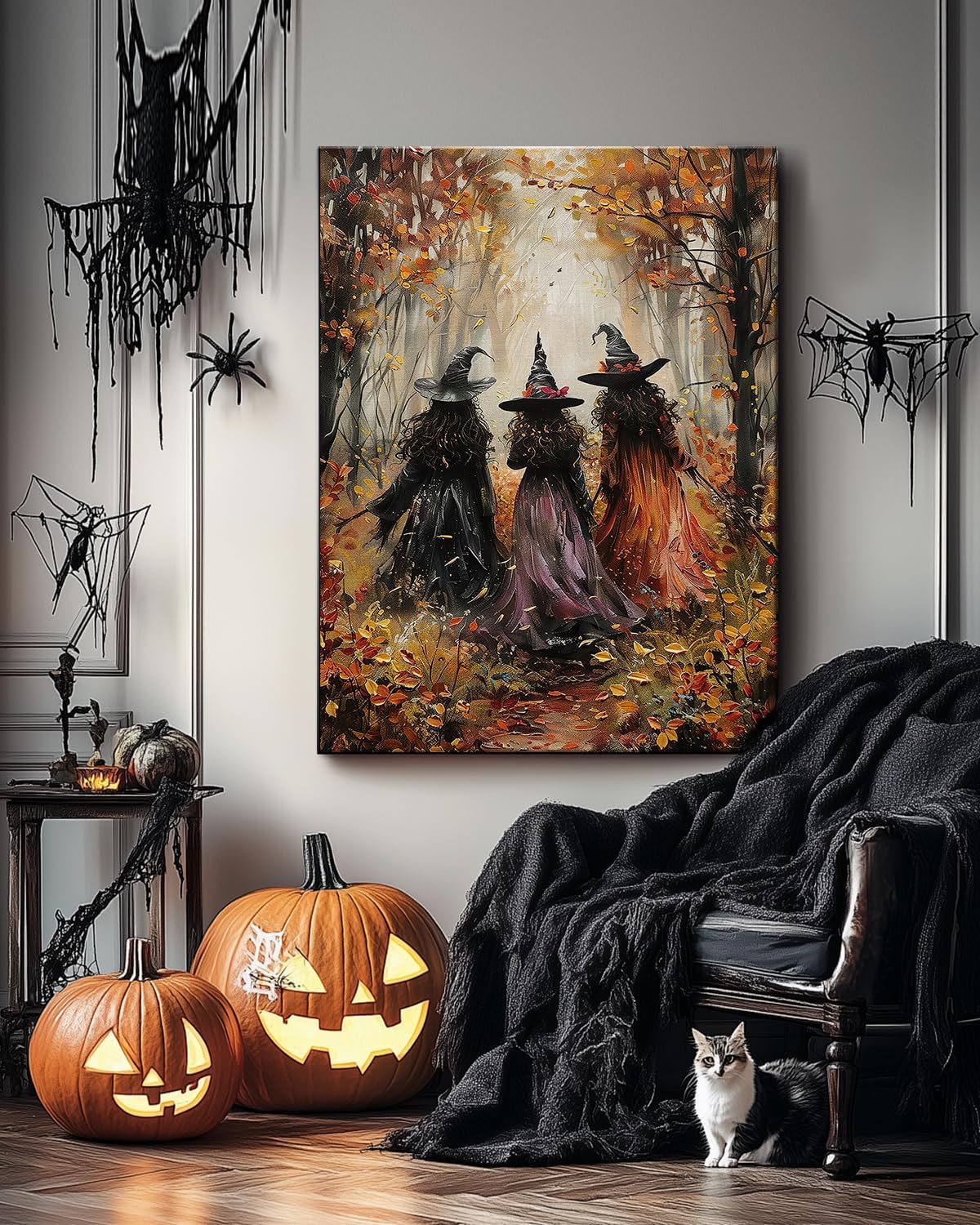 Halloween Canvas Wall Art, Vintage Three Witches Poster, Gothic Dark Academia Wall Decor, Spooky Halloween Decor for Living Room, Bedroom & Bathroom, Framed Fall Decorations Indoor