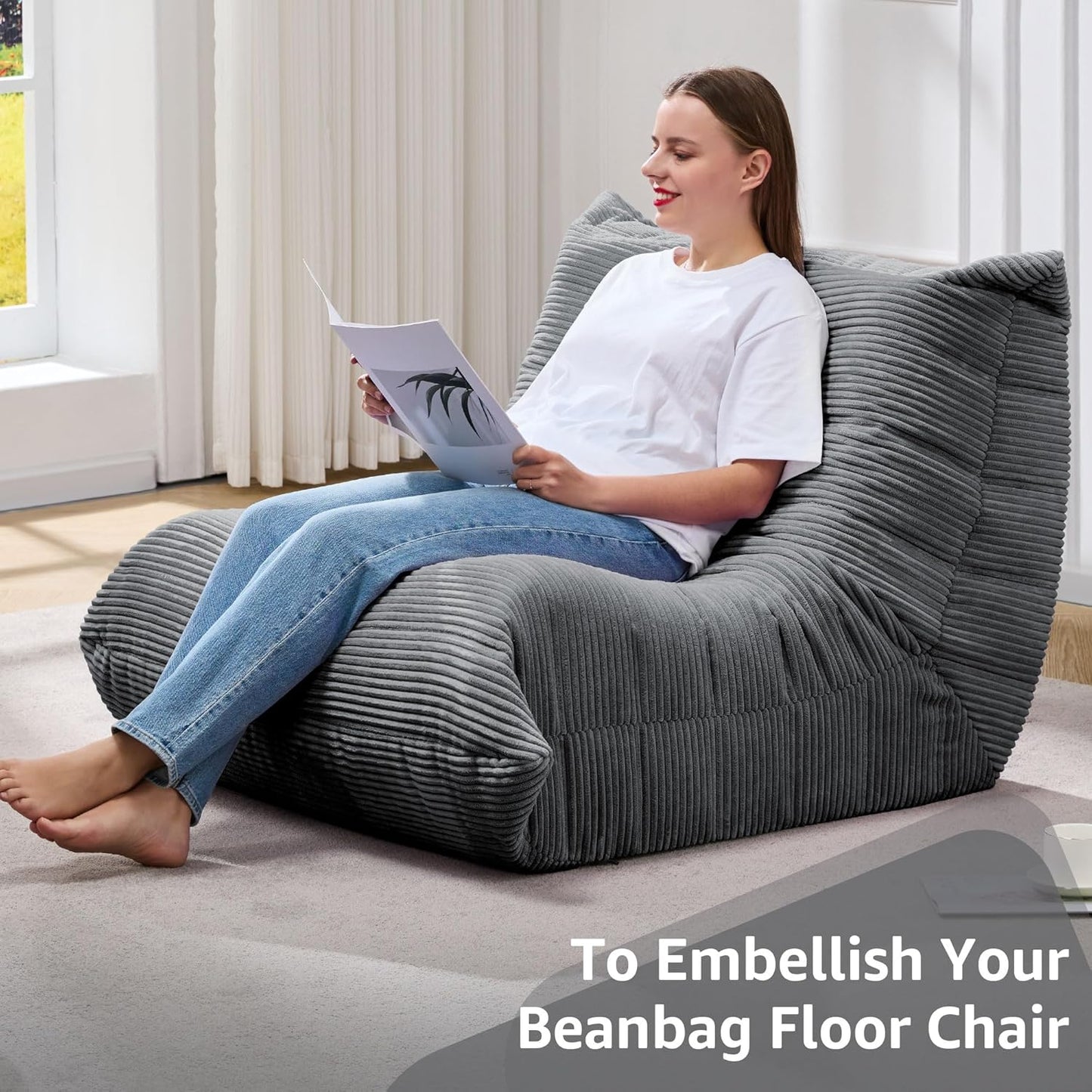 Bean Bag Chairs for Adults Giant Bean Bag Chair Memory Foam BeanBag Chair Big Bean Bag Sofa with Filler Faux Fur Fireside Beanbags Lazy Sofa for Living Room Bedroom Dorm Office (Grey Corduroy)