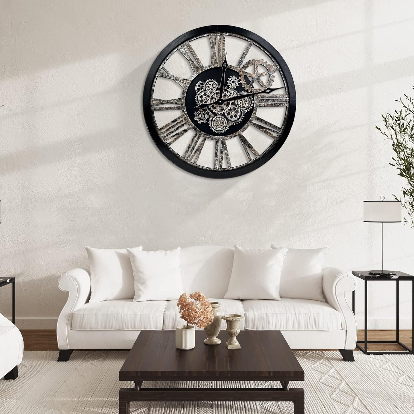 Large Wall Clock, Clocks for Living Room Decor Oversized 30 Inch Wall Decor Farmhouse Vintage Rustic Industrial Roman Big Chic Home Decor Wall Clock for House Bedroom Office, Moving Gears Clock