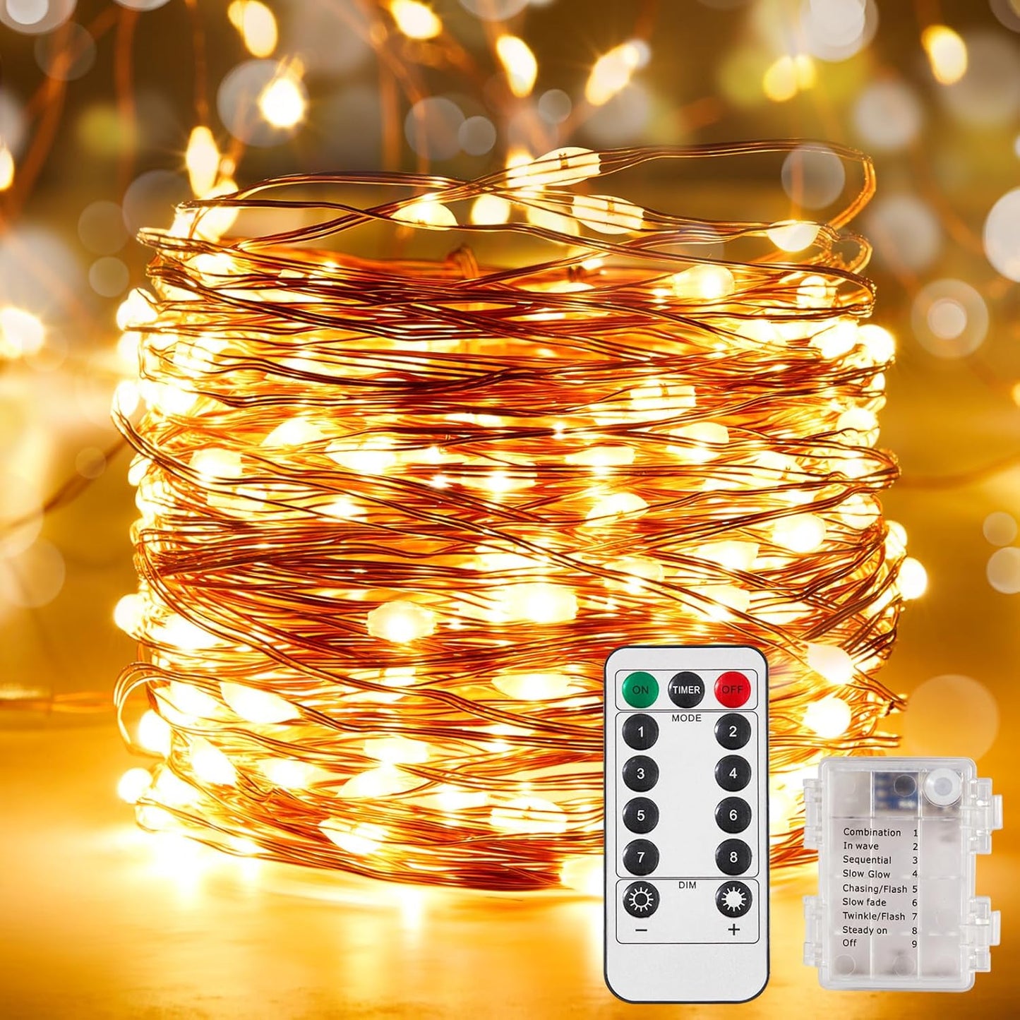 1 Pack 32.8 Ft. Battery Operated Outdoor String Lights with Remote & Timer, LED Warm White Fairy Lights, Waterproof Twinkle Lights for Bedroom, Dorm, Mason Jar, Wedding, Party, Christmas