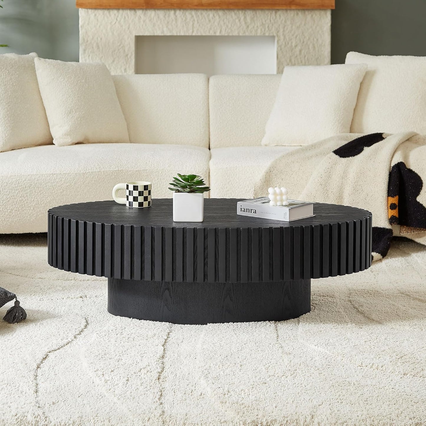 Oval Coffee Table for Living Room, Modern Fluted Coffee Tables with Pedestal Base, Handcrafted Centre Tea Tables Easy Assembly-43.7" Black