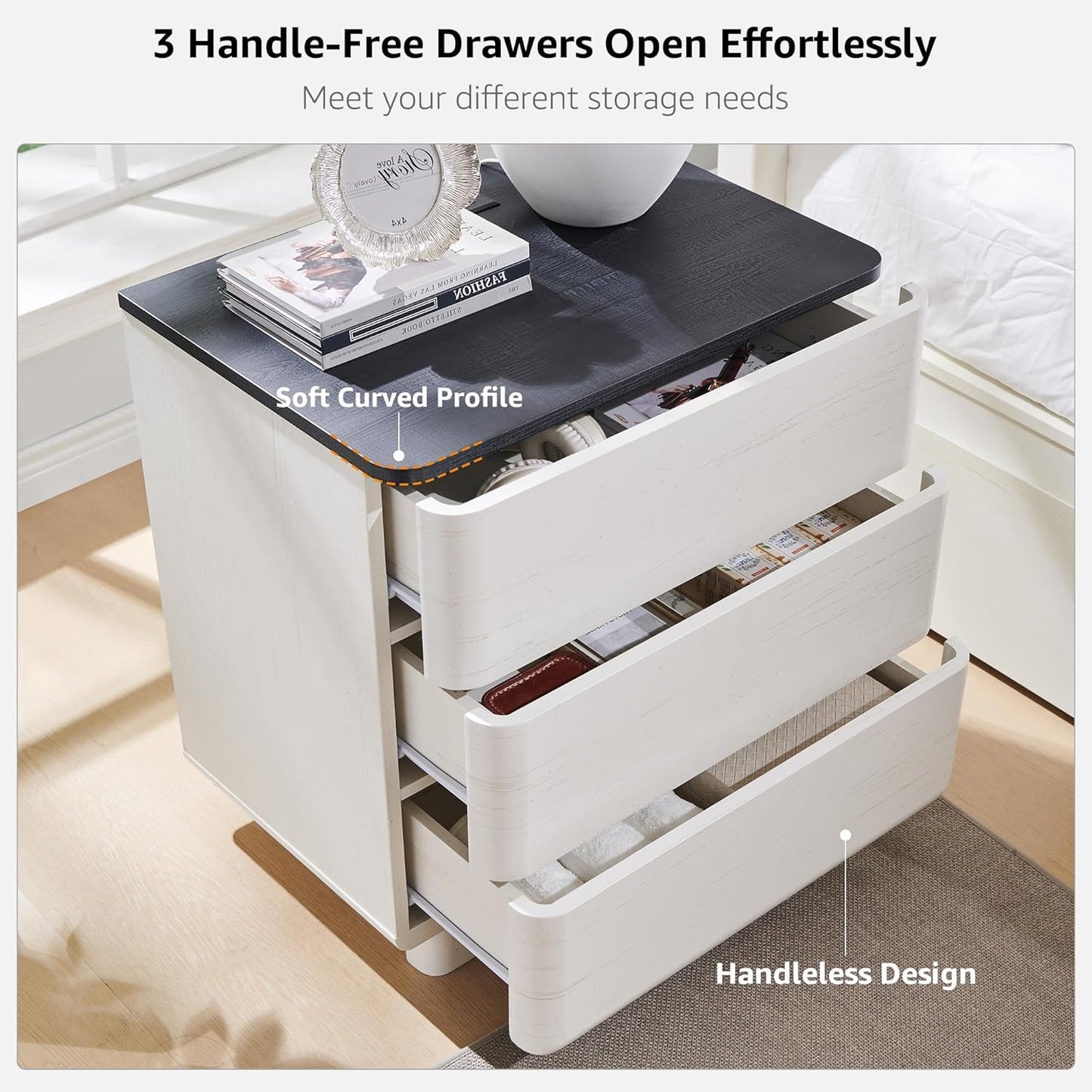 JXQTLINGMU 22" Modern Nightstand Set of 2 with Charging Station, Large Push-to-Open End Table, Wood Bedside Table, Curved Profile, Handleless 3 Drawer Night Stand for Bedroom, Living Room, Off White