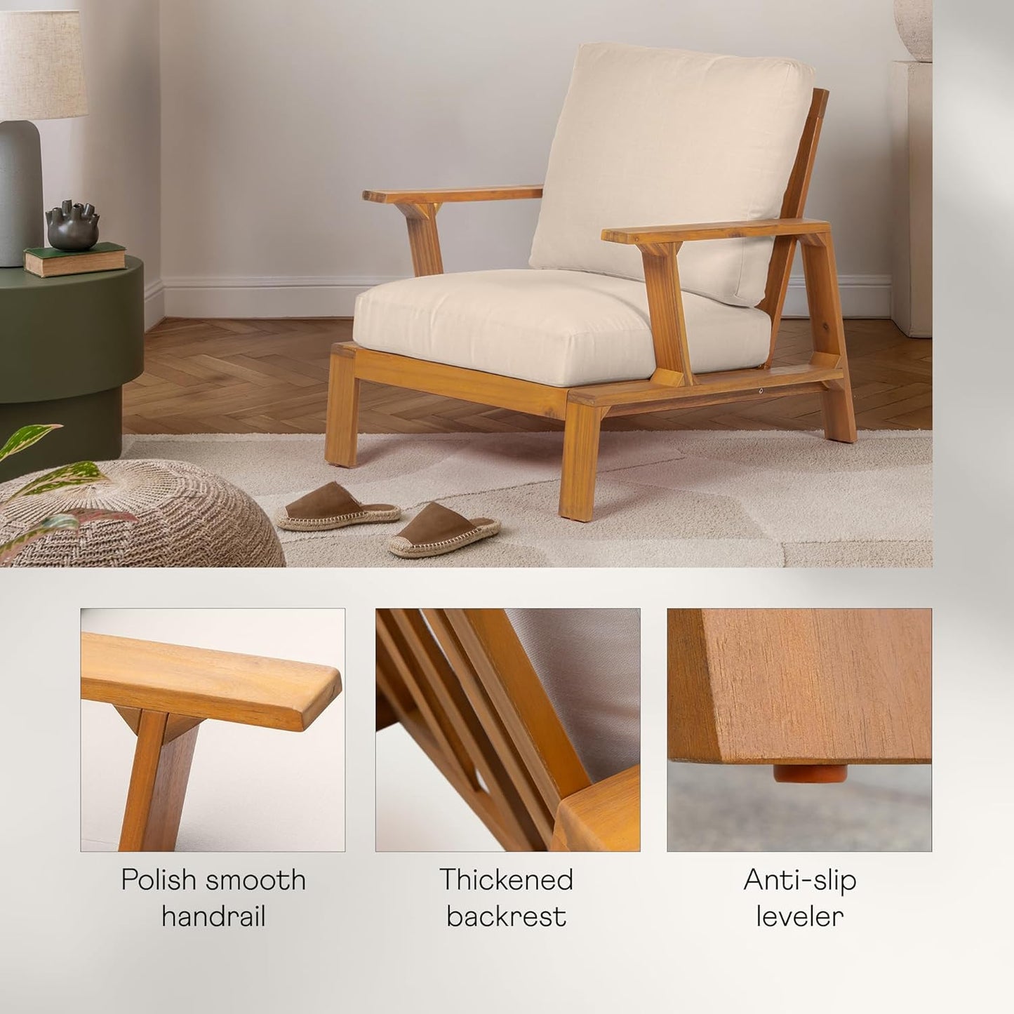 Jasper Outdoor Wooden Club Chair with Beige Cushion – Ideal for Patio, Garden, or Balcony