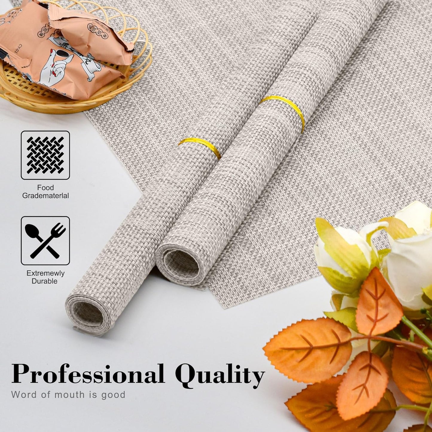 CADONO Placemats Set of 6 Washable Indoor/Outdoor Vinyl Place Mats for Dining Table Durable Non-Slip Heat Resistant PVC Weave Table Mats（Gold Cube）