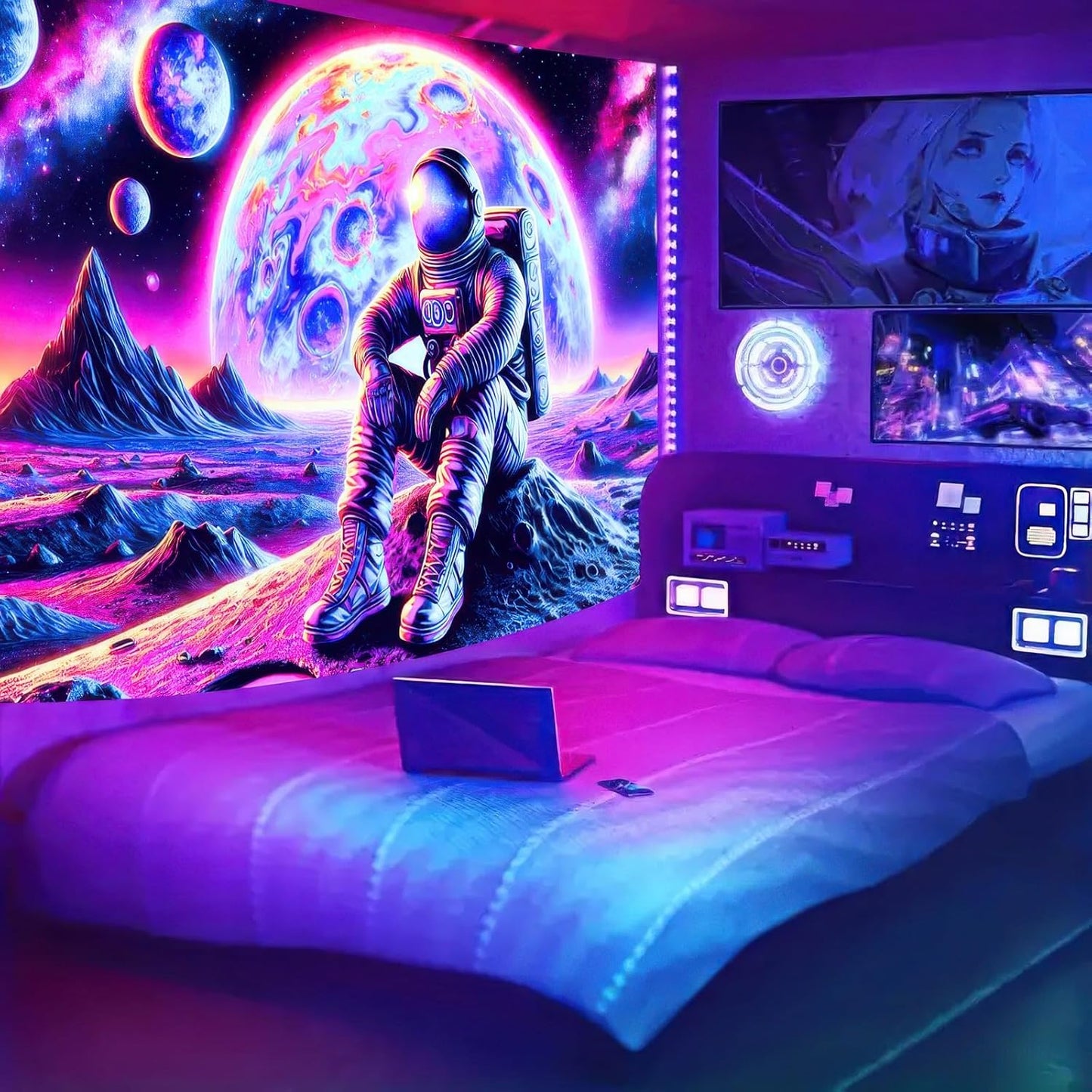 BlissYard Blacklight Tapestry Astronaut in Cosmic Landscape 78x59 Inches Modern Wall Art for Bedroom