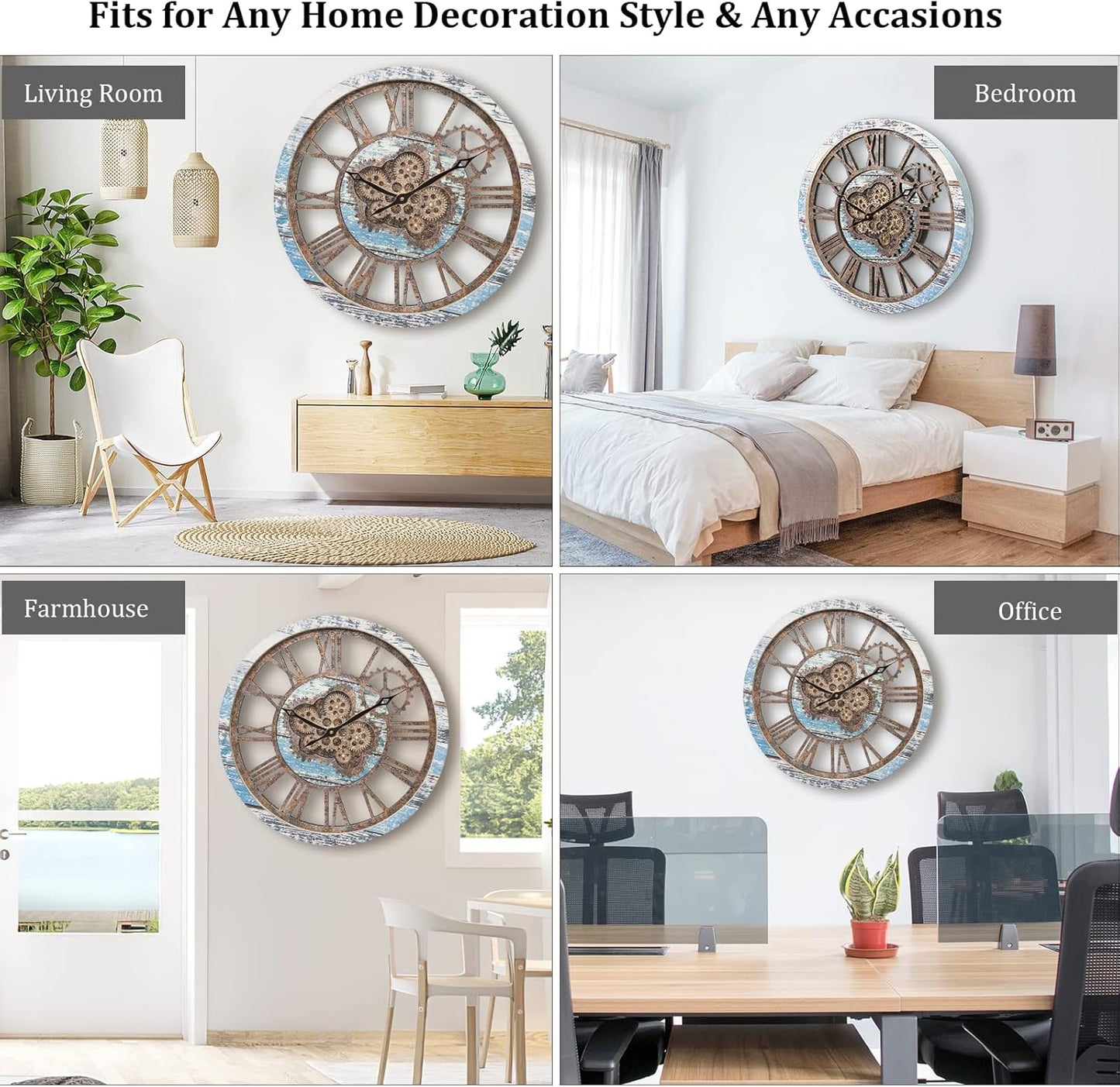 HOIBAI Large Wall Clock, Wall Clocks for Living Room Decor 20 Inch Farmhouse Vintage Rustic Kitchen Wall Decor Vintage Roman Oversized Wall Clock for Home Bedroom House Office, Moving Gears Clock