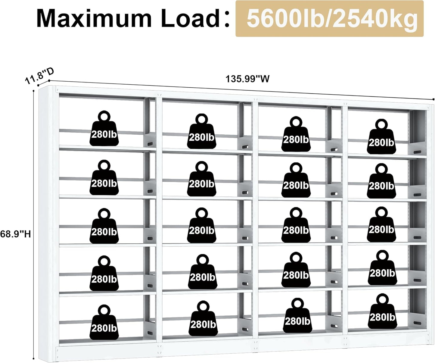 5-Tier Industrial Bookshelf, White Bookcases and Bookshelves,Tall Metal Book Shelf Storage Organizer,Freestanding Bookshelf for Living Room,Home Office(White, Shelf-4)