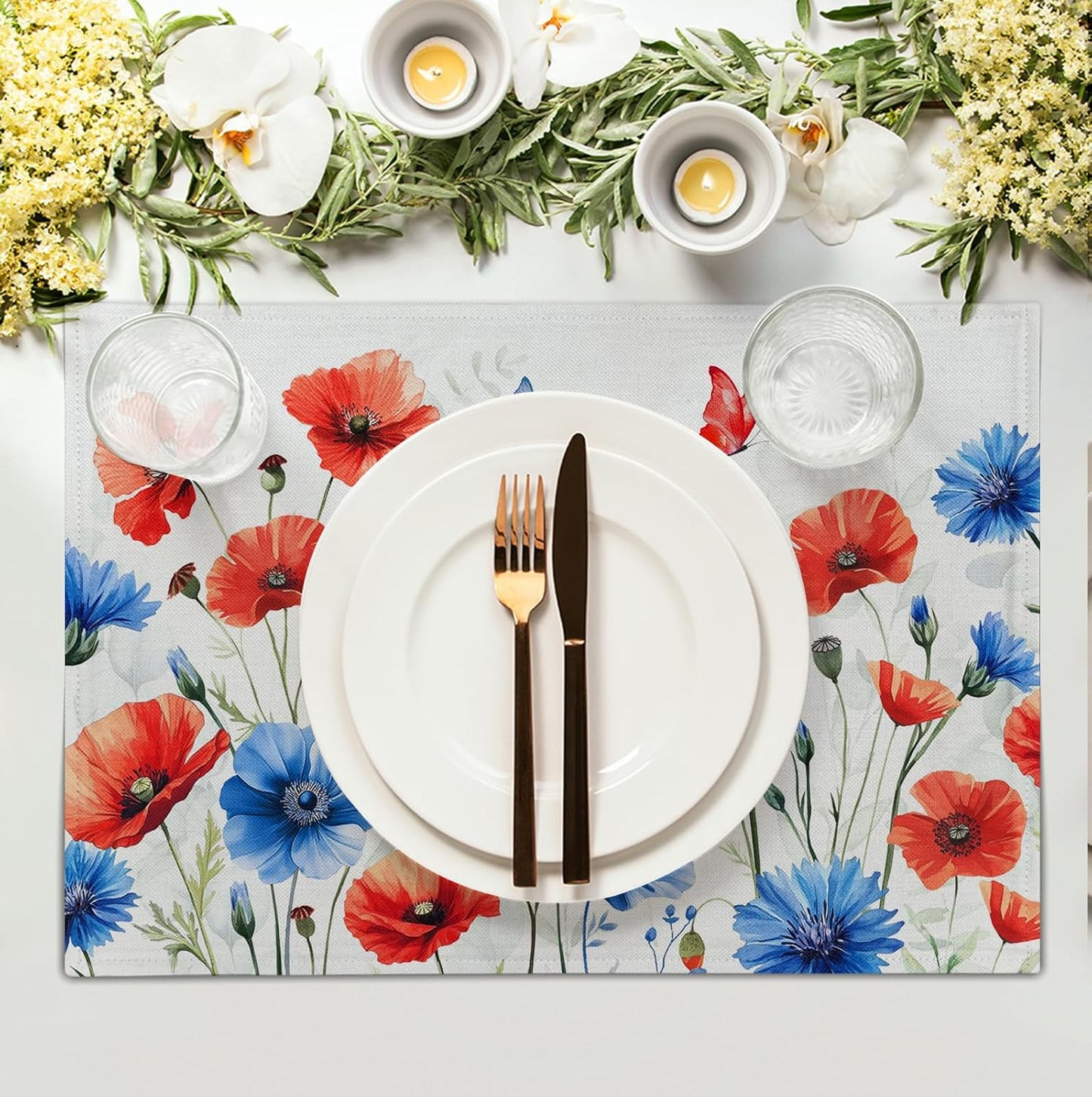 4th of July Floral Placemats Set of 4 Patriotic Summer Red Blue Flowers Linen Fabric Table Mats America Memorial Day Independence Day Place Mats for Party Kitchen Dining Decoration