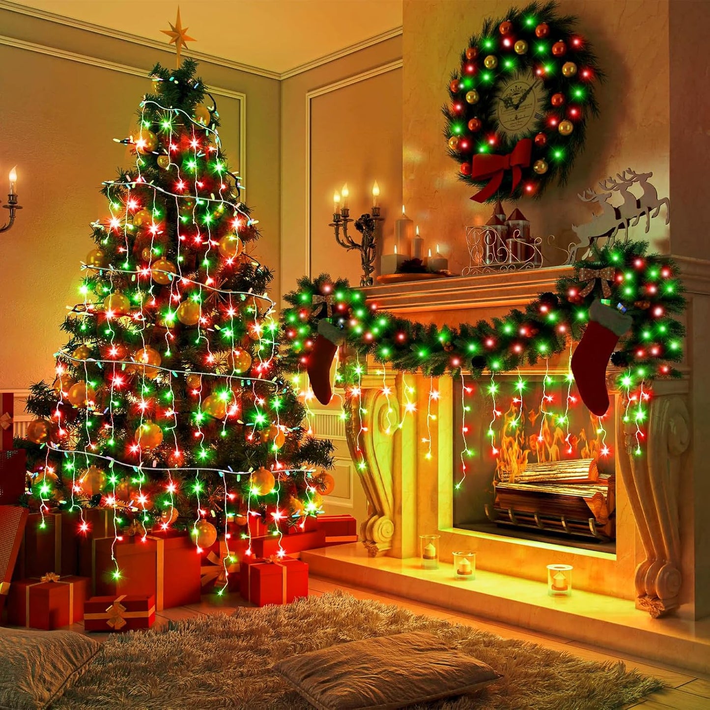 66ft Icicle Lights for Outside, Red and Green Christmas Lights Outdoor Indoor, 640 LED Twinkle String Lights with 120 Drops, Clear Wire Short Curtain Light for Thanksgiving Room Home Wall Bedroom