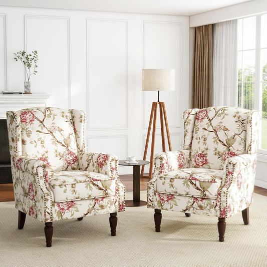 UIXE High Back Floral Accent Chairs Set of 2, Fabric Upholstered Armchair for Living Room, Retro Wingback Arm Chair with Solid Wood Leg, Nailhead Trim Single Sofa Bedroom Reading Seat - Beige