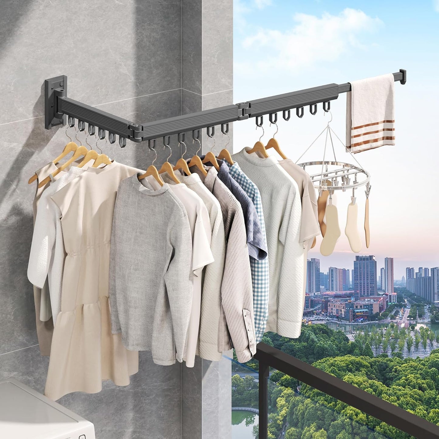 Grey Color Laundry Rack - Wall Mounted, Collapsible Clothes Drying Rack With Loop-type Hooks