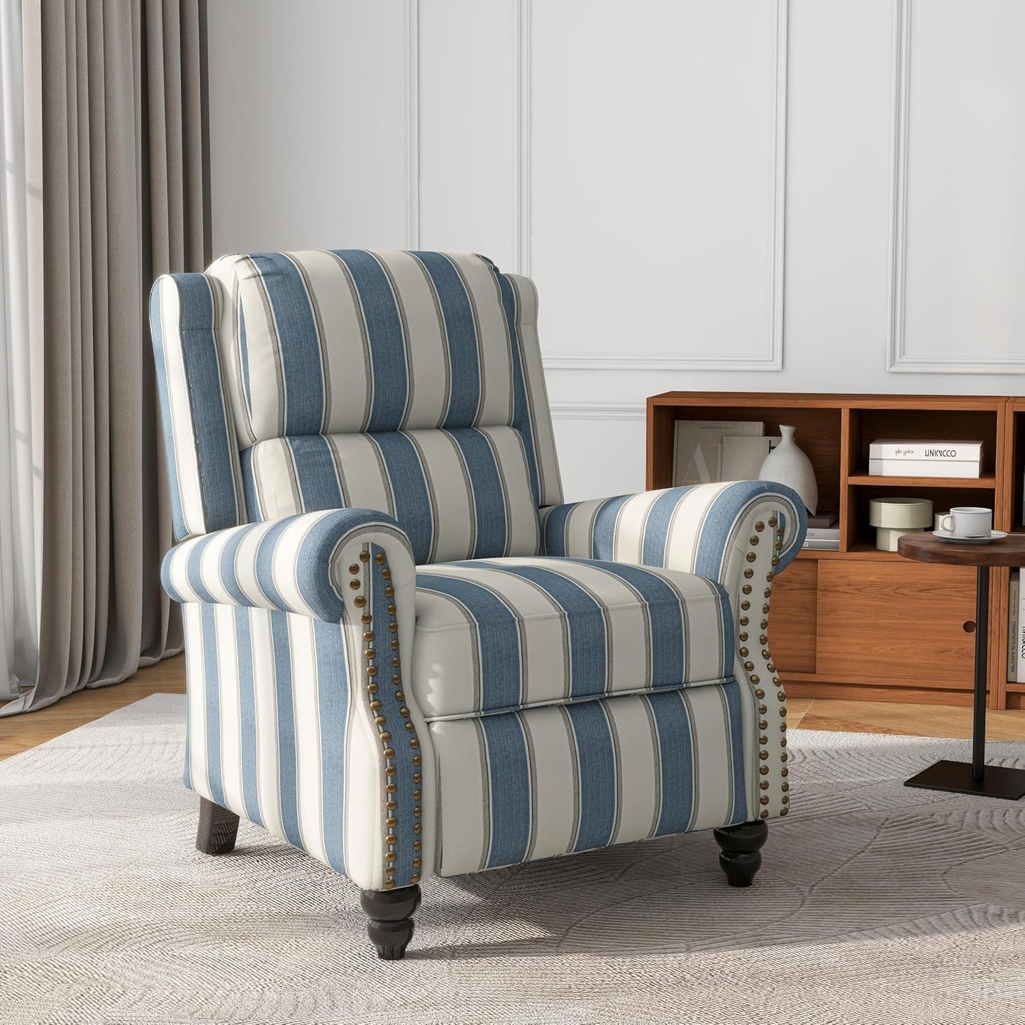 UIXE Pushback Recliner Chair Push Back Accent Chair, Fabric Overstuffed Armchair for Living Room, Rivet Trim Club Chair Home Theater Single Sofa Bedroom Reading Seat - Stripe Navy