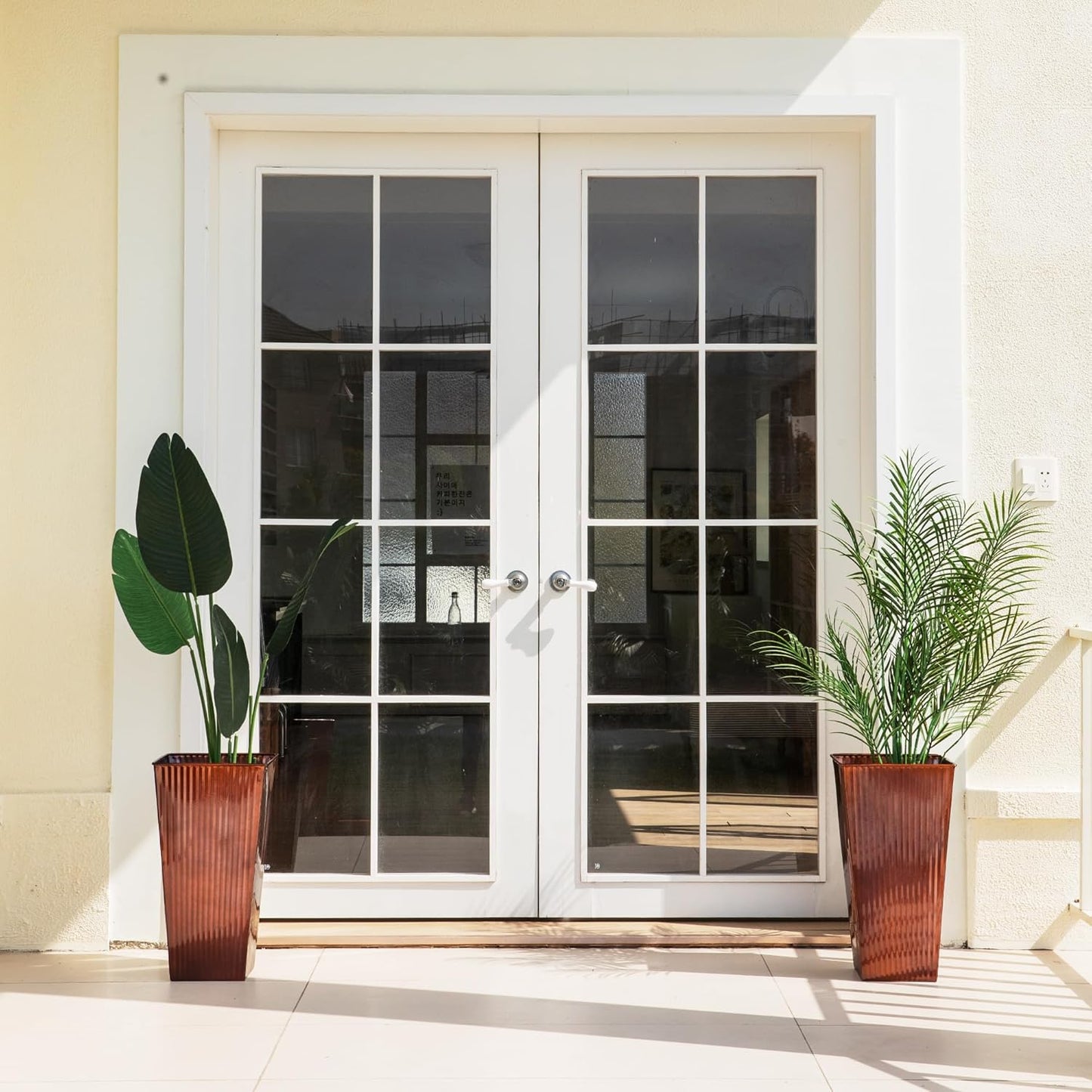 22in Vintage Handmade Metal Vertical Lines Copper Tapered Planters,Planter Box with Drainage Holes and Saucer -Set of 2, Galvanized Steel Planter for Indoor/Outdoor/Porch/Garden