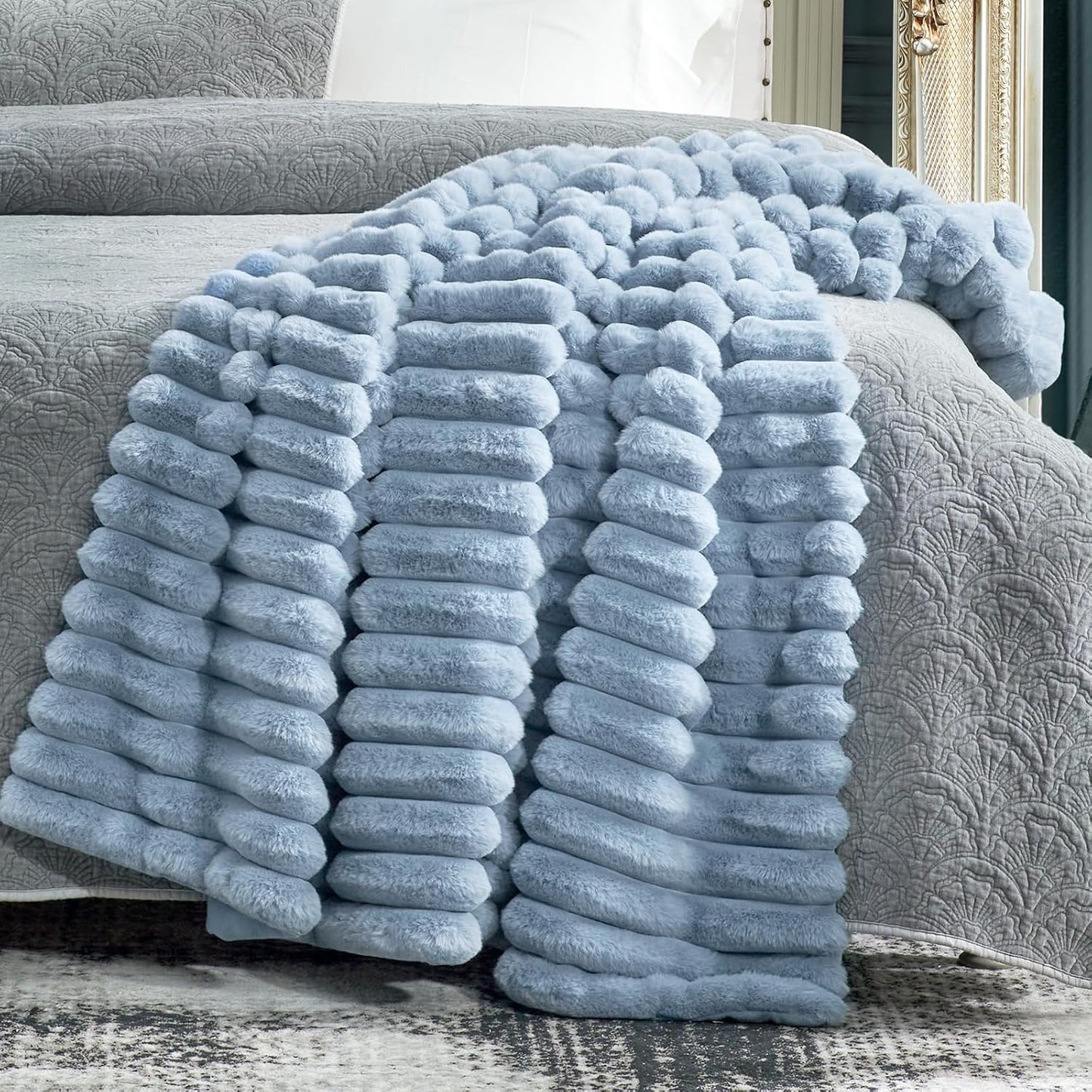 Cozy Bliss Faux Fur Throw Blanket for Couch, Cozy Warm Plush Striped Blanket for Sofa Bedroom Living Room,60 * 80 Inches Light Blue