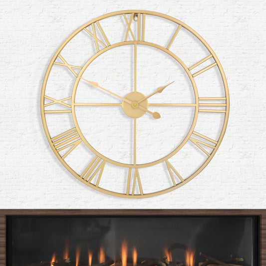 LEIKE Large Modern Wall Clocks,32" Gold Metal,Rustic,Round,Nearly Silent,Little Ticking,Battery Operated Roman Numerals Clock for Living Room/Bedroom/Kitchen Wall Decor-(Gold, 80cm)