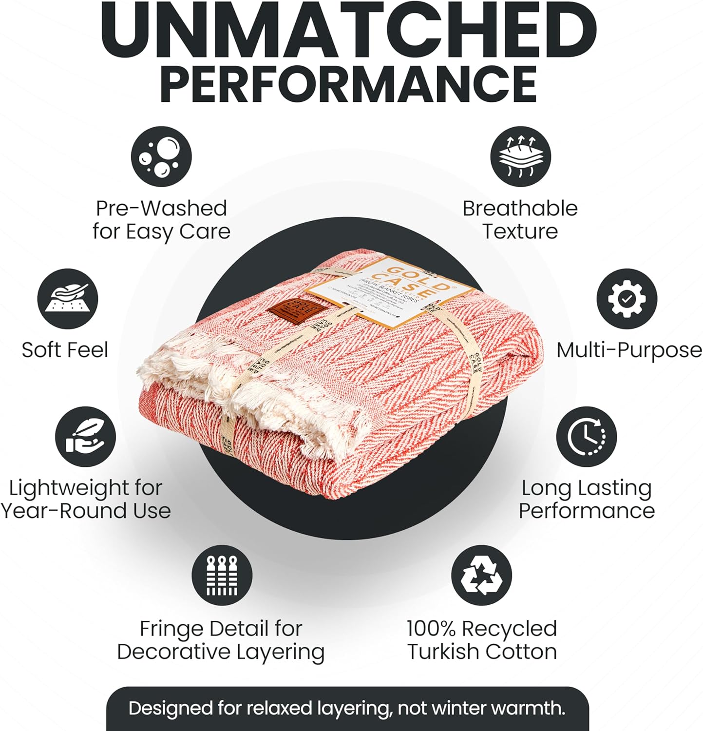 Gold Case Throw Blanket for Couch – 100% Recycled Turkish Cotton Blankets & Throws – Elegant Decorative Throw Blankets for Living Room Sofa – Woven Throws for Couch – Vintage Orange – 50x60